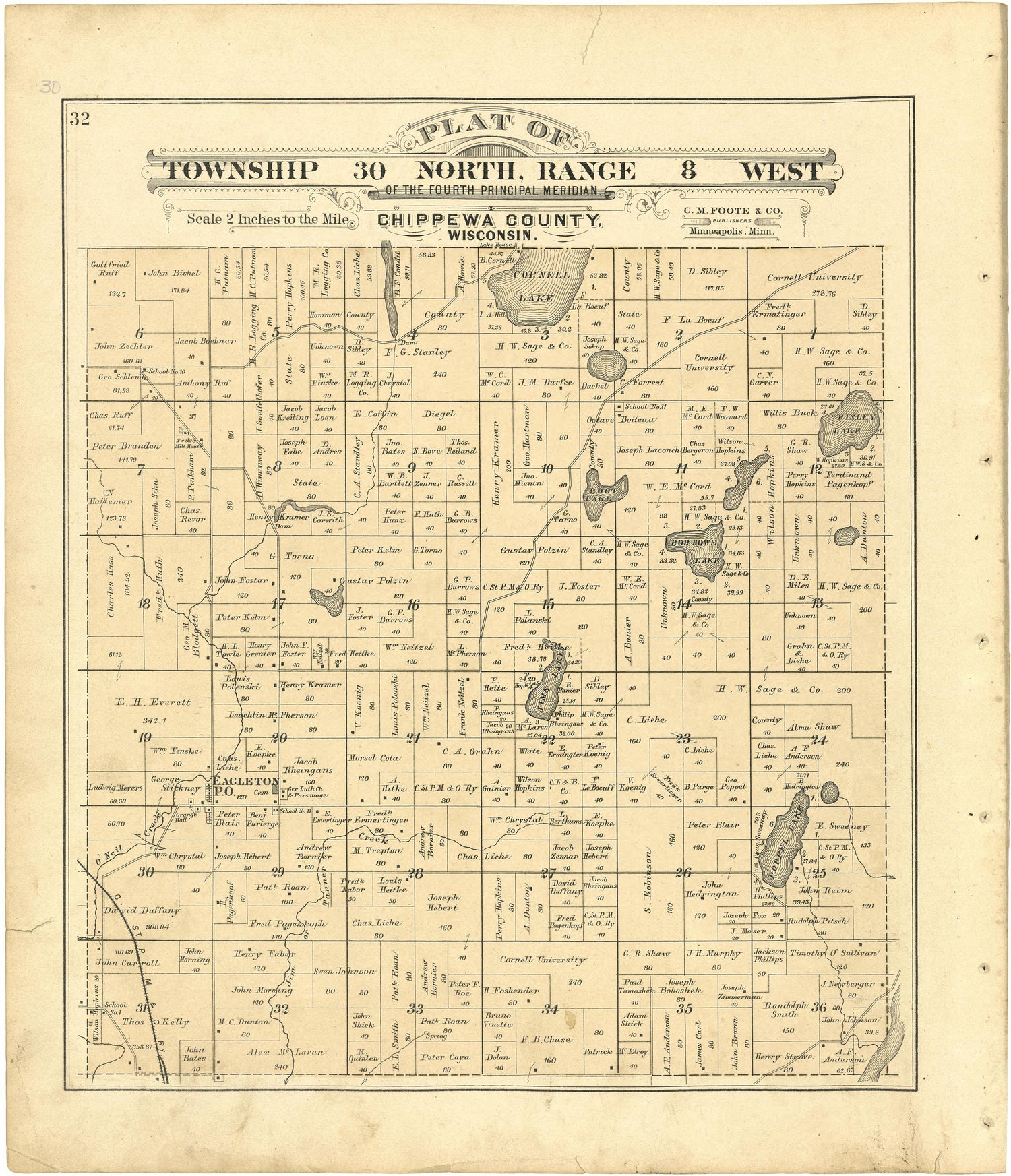 Plat of Township 30 North, Range 8 West from Plat Book of Chippewa County, Wisconsin 1888 by Relic Map Company