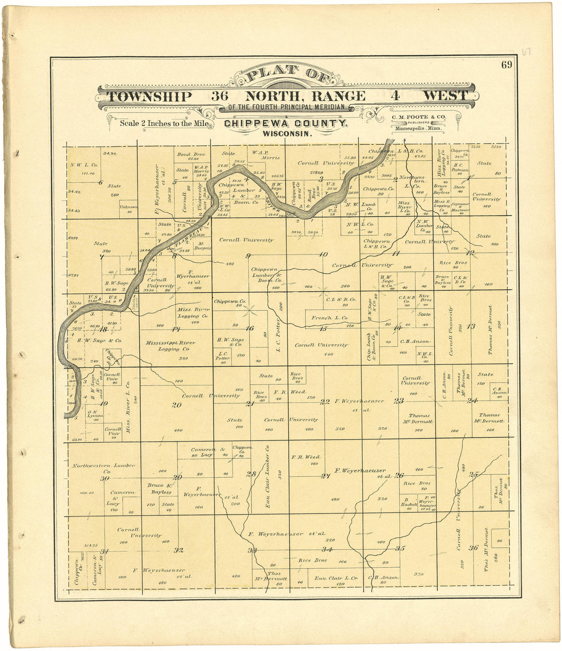 Plat of Township 36 North, Range 4 West from Plat Book of Chippewa County, Wisconsin 1888 by Relic Map Company