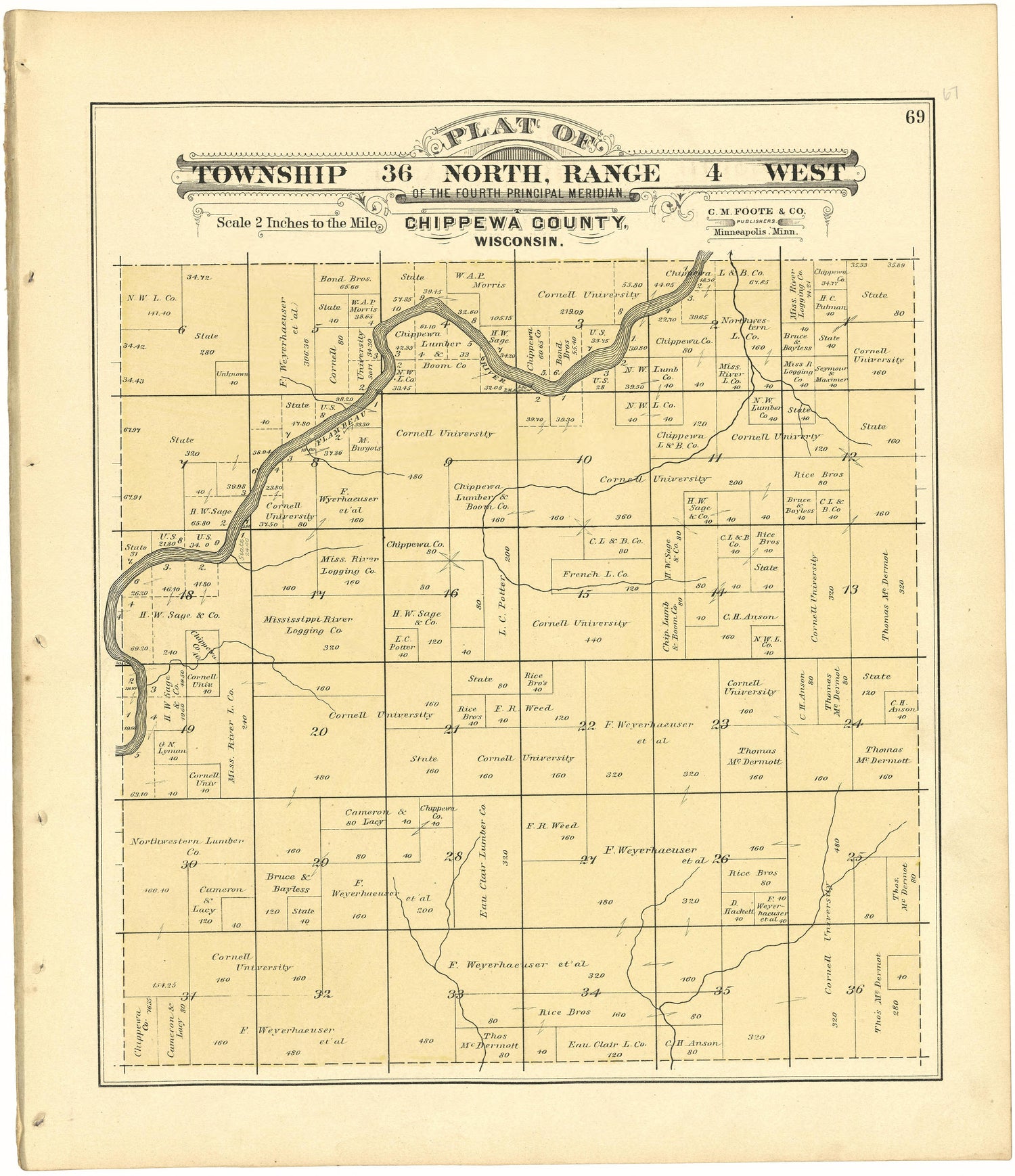Plat of Township 36 North, Range 4 West from Plat Book of Chippewa County, Wisconsin 1888 by Relic Map Company