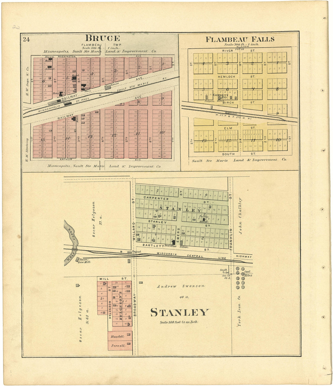 Bruce; Flambeau Falls; Stanley from Plat Book of Chippewa County, Wisconsin 1888 by Relic Map Company
