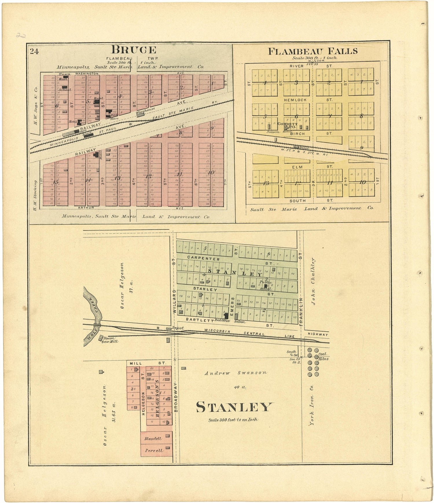 Bruce; Flambeau Falls; Stanley from Plat Book of Chippewa County, Wisconsin 1888 by Relic Map Company