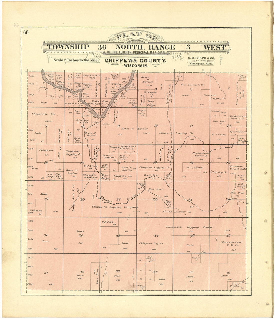 Plat of Township 36 North, Range 3 West from Plat Book of Chippewa County, Wisconsin 1888 by Relic Map Company