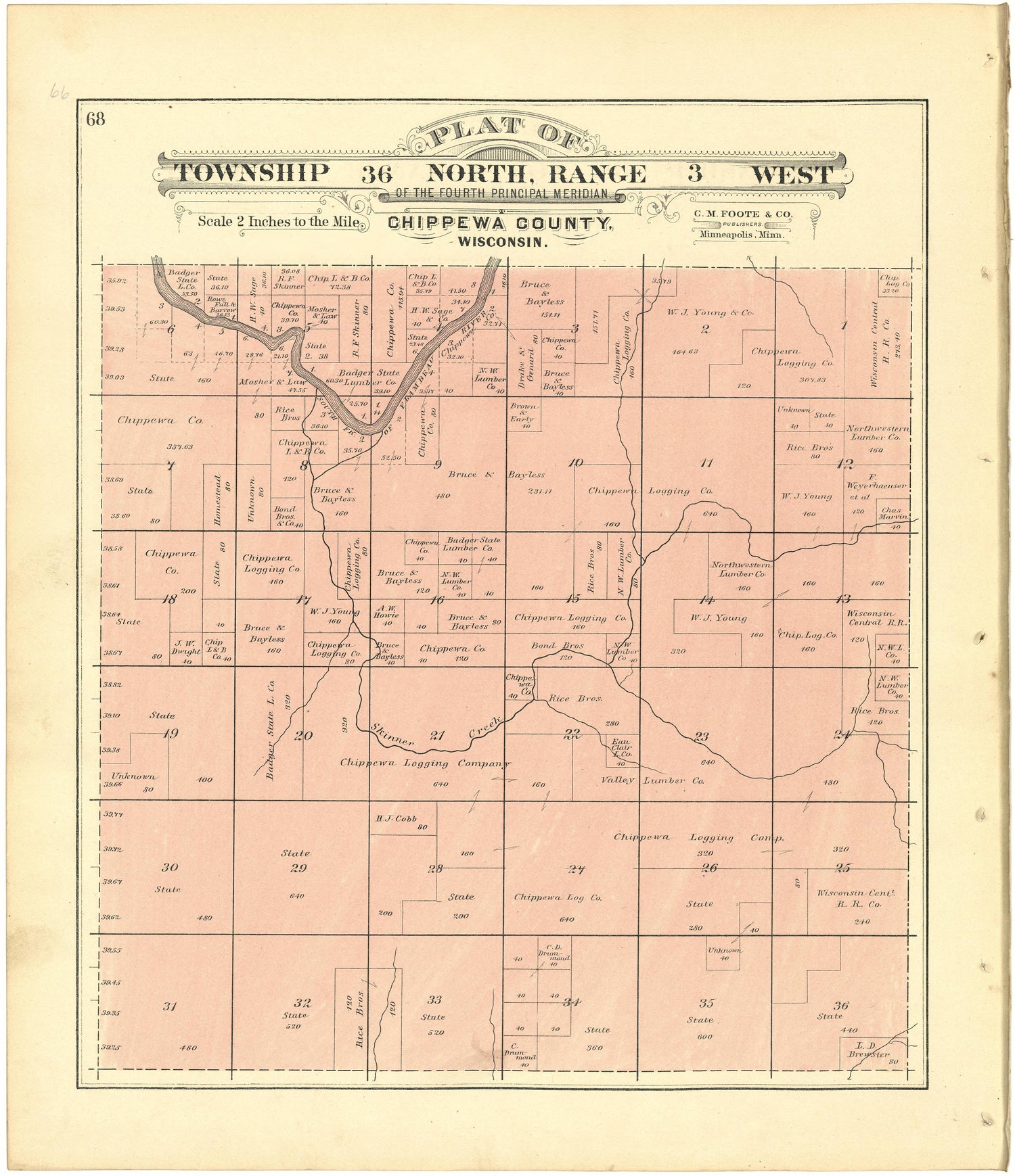 Plat of Township 36 North, Range 3 West from Plat Book of Chippewa County, Wisconsin 1888 by Relic Map Company