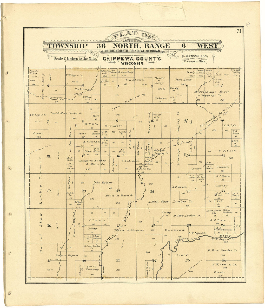 Plat of Township 36 North, Range 6 West from Plat Book of Chippewa County, Wisconsin 1888 by Relic Map Company