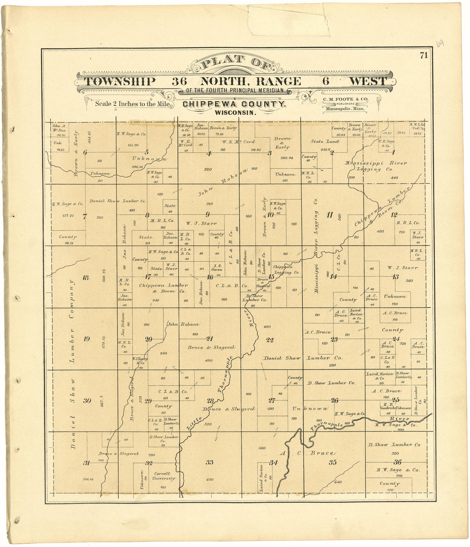 Plat of Township 36 North, Range 6 West from Plat Book of Chippewa County, Wisconsin 1888 by Relic Map Company