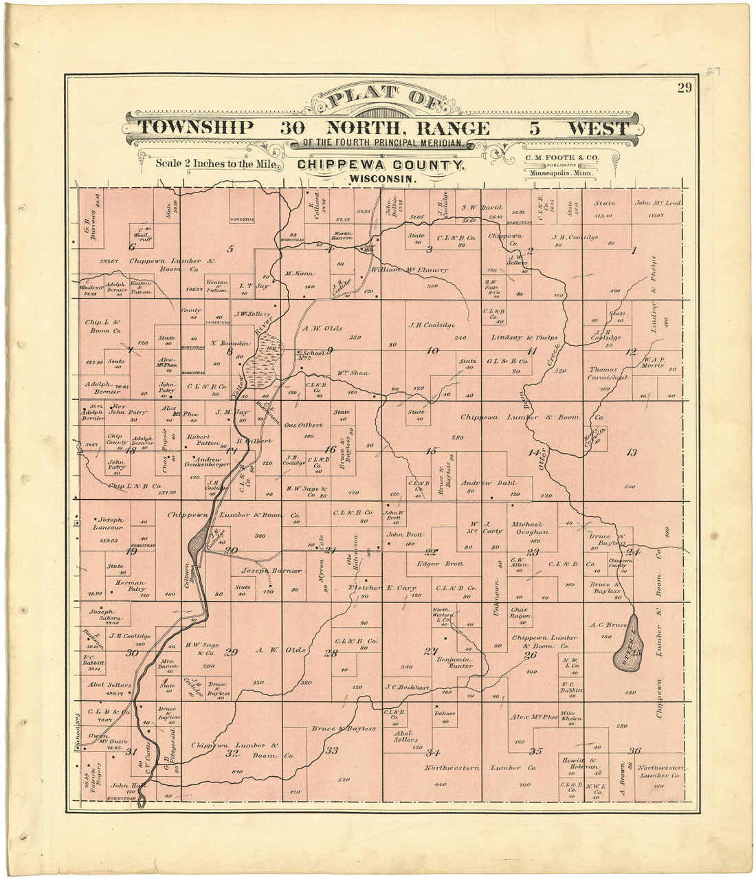 Plat of Township 30 North, Range 5 West from Plat Book of Chippewa County, Wisconsin 1888 by Relic Map Company