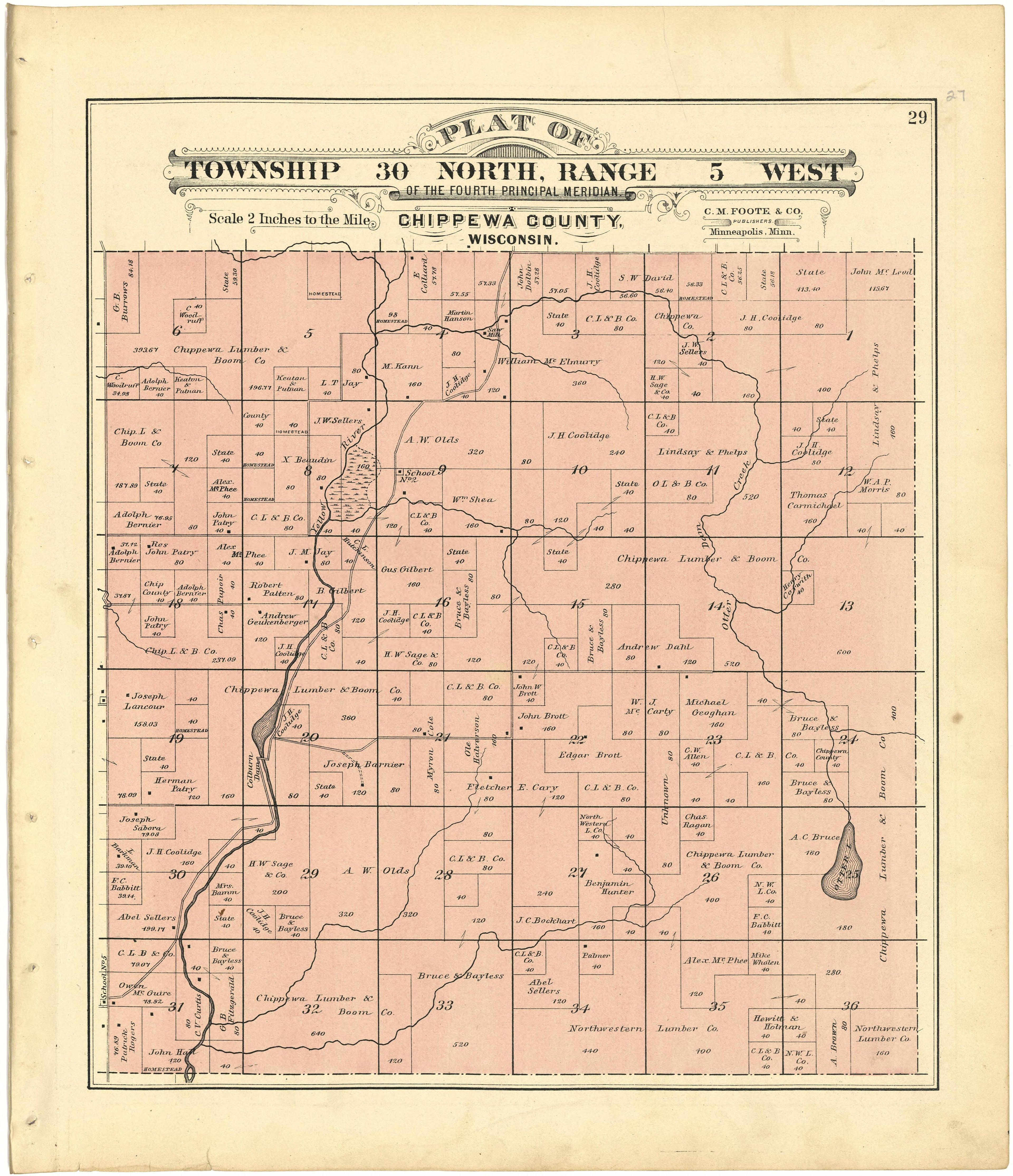 Plat of Township 30 North, Range 5 West from Plat Book of Chippewa County, Wisconsin 1888 by Relic Map Company