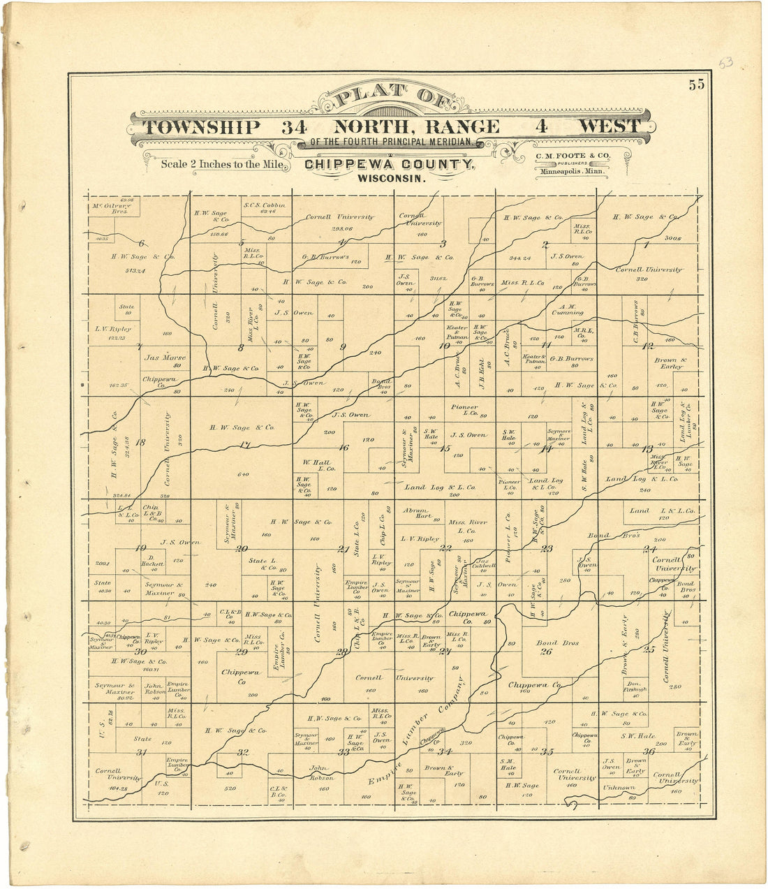 Plat of Township 34 North, Range 4 West from Plat Book of Chippewa County, Wisconsin 1888 by Relic Map Company
