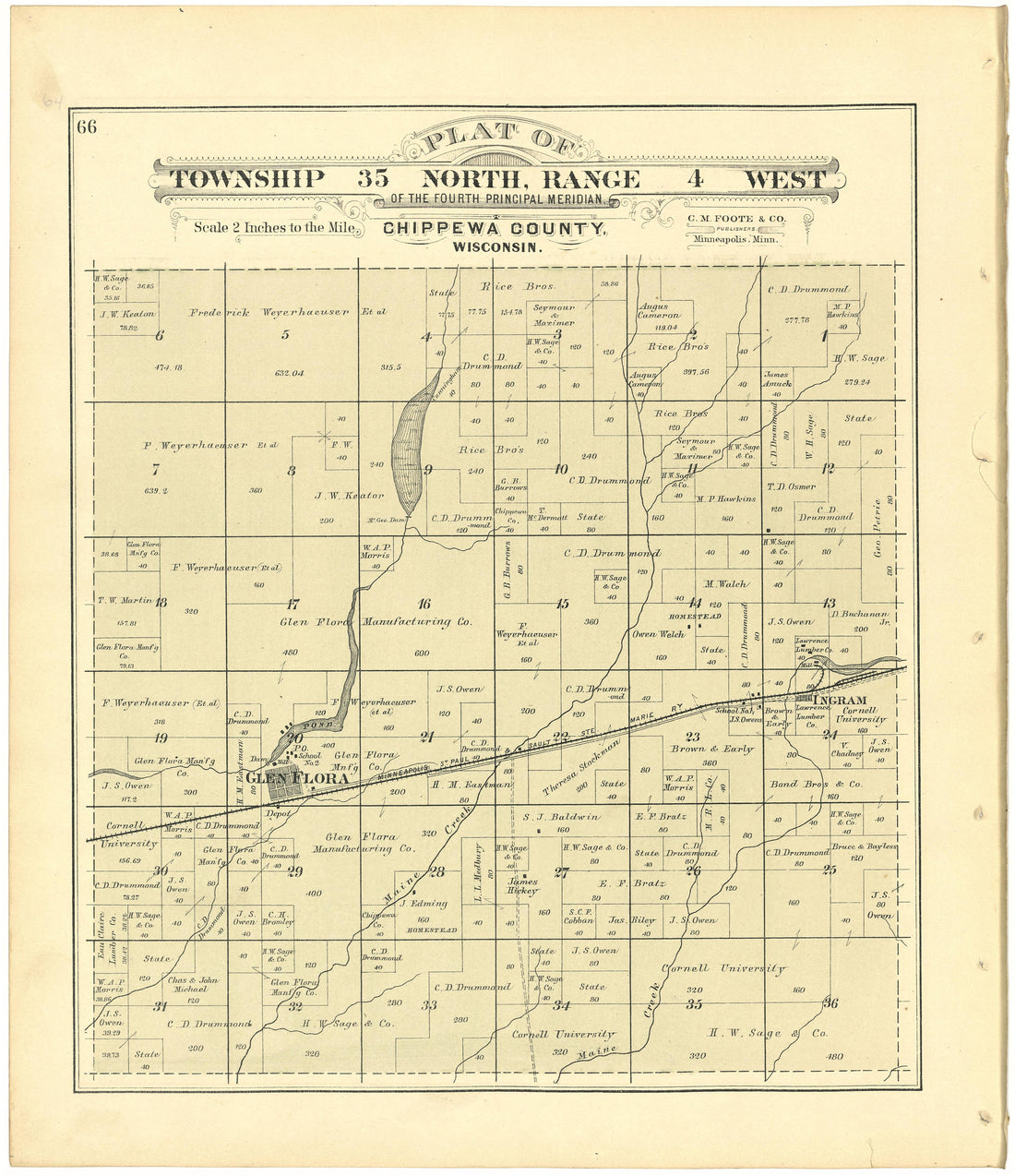 Plat of Township 35 North, Range 4 West from Plat Book of Chippewa County, Wisconsin 1888 by Relic Map Company