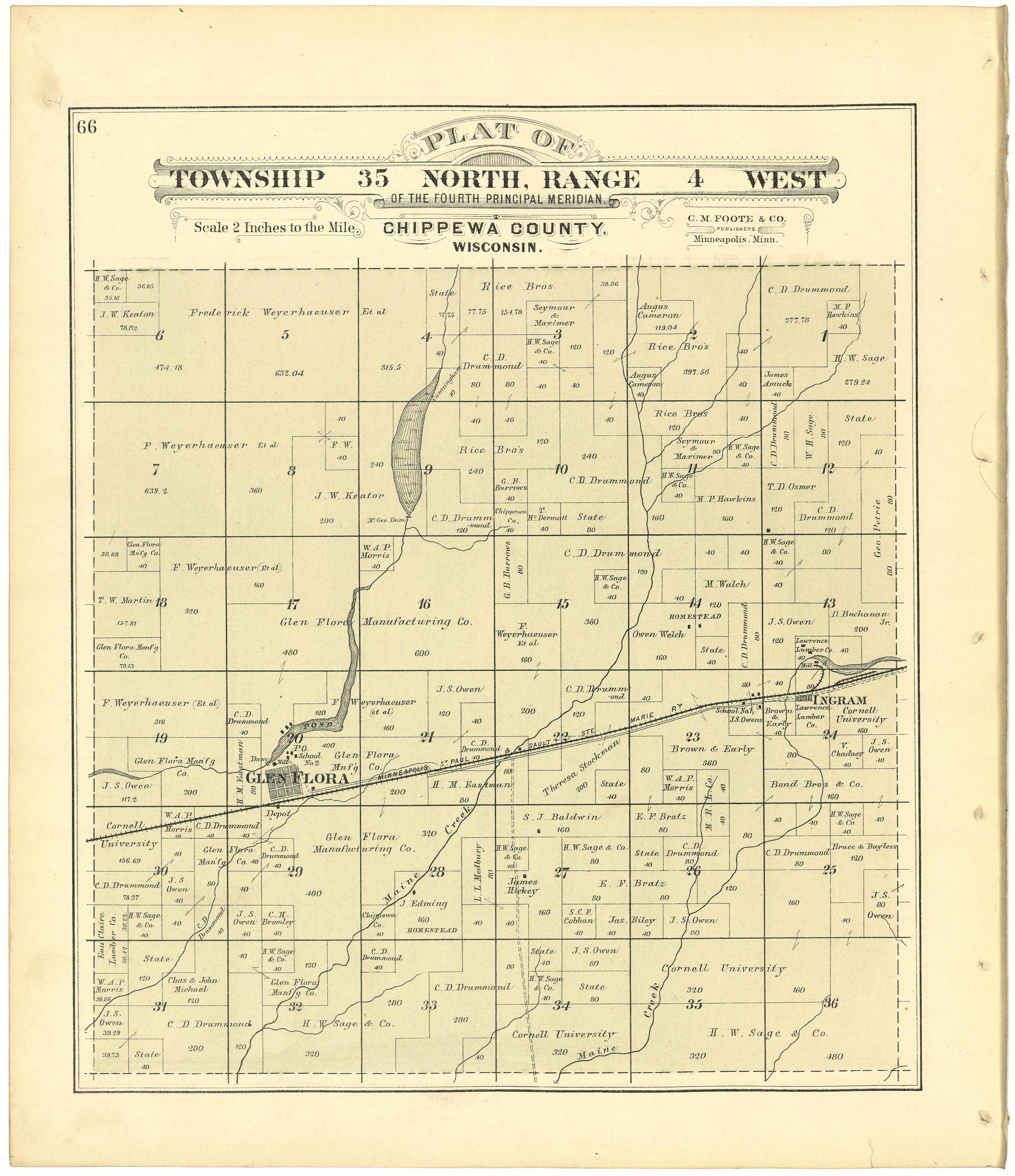 Plat of Township 35 North, Range 4 West from Plat Book of Chippewa County, Wisconsin 1888 by Relic Map Company