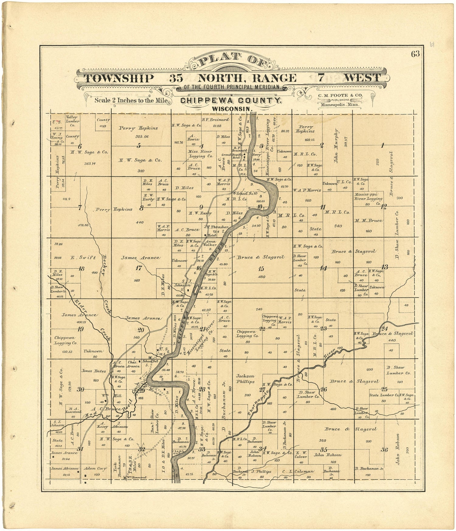 Plat of Township 35 North, Range 7 West from Plat Book of Chippewa County, Wisconsin 1888 by Relic Map Company
