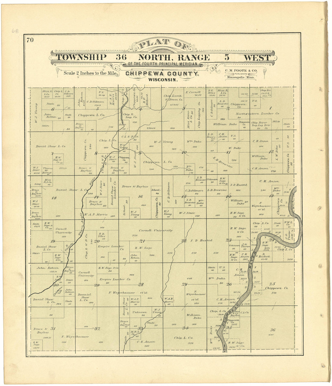Plat of Township 36 North, Range 5 West from Plat Book of Chippewa County, Wisconsin 1888 by Relic Map Company