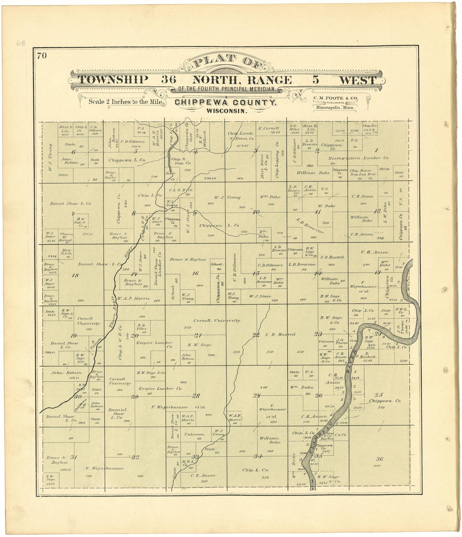 Plat of Township 36 North, Range 5 West from Plat Book of Chippewa County, Wisconsin 1888 by Relic Map Company