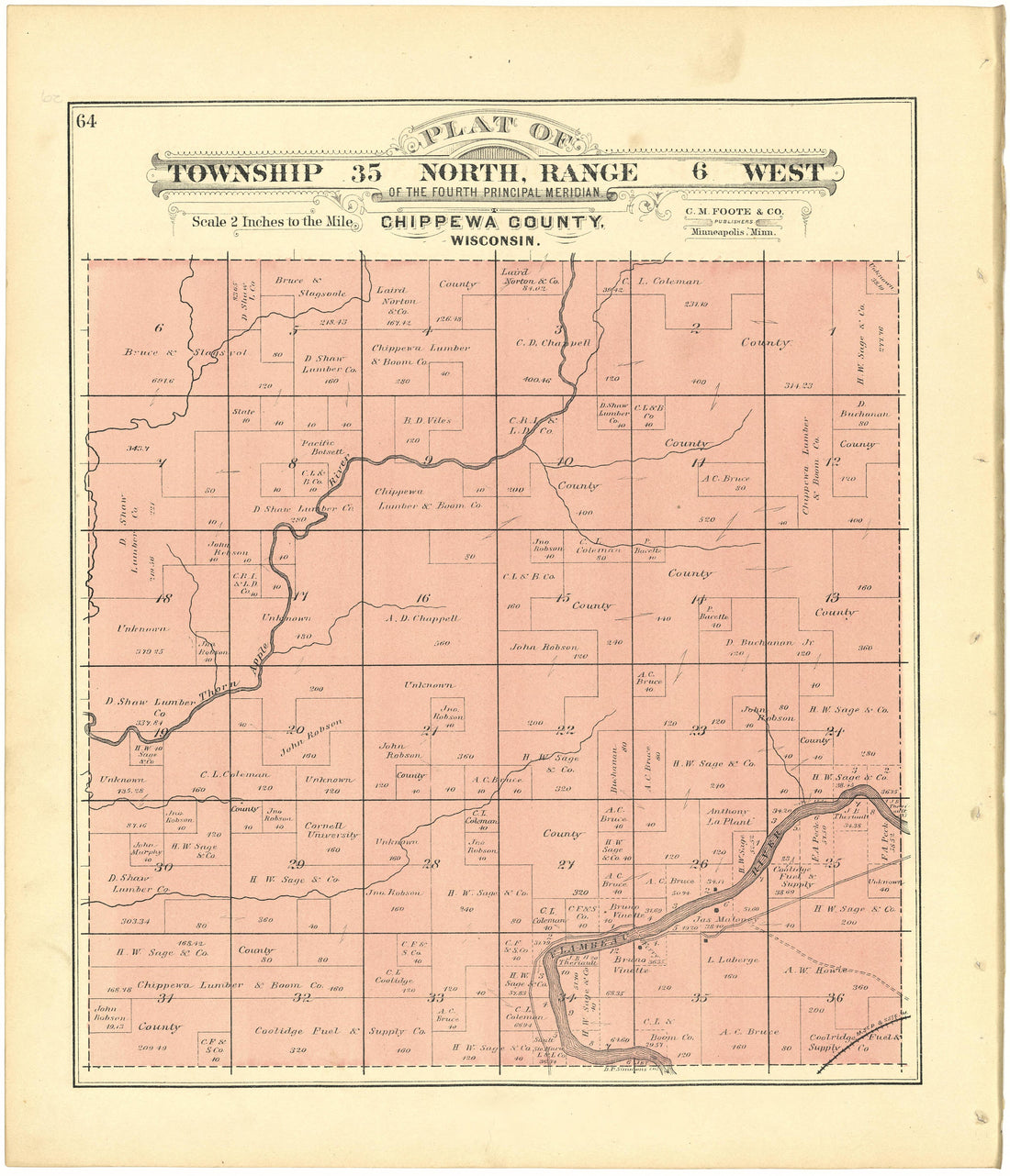 Plat of Township 35 North, Range 6 West from Plat Book of Chippewa County, Wisconsin 1888 by Relic Map Company
