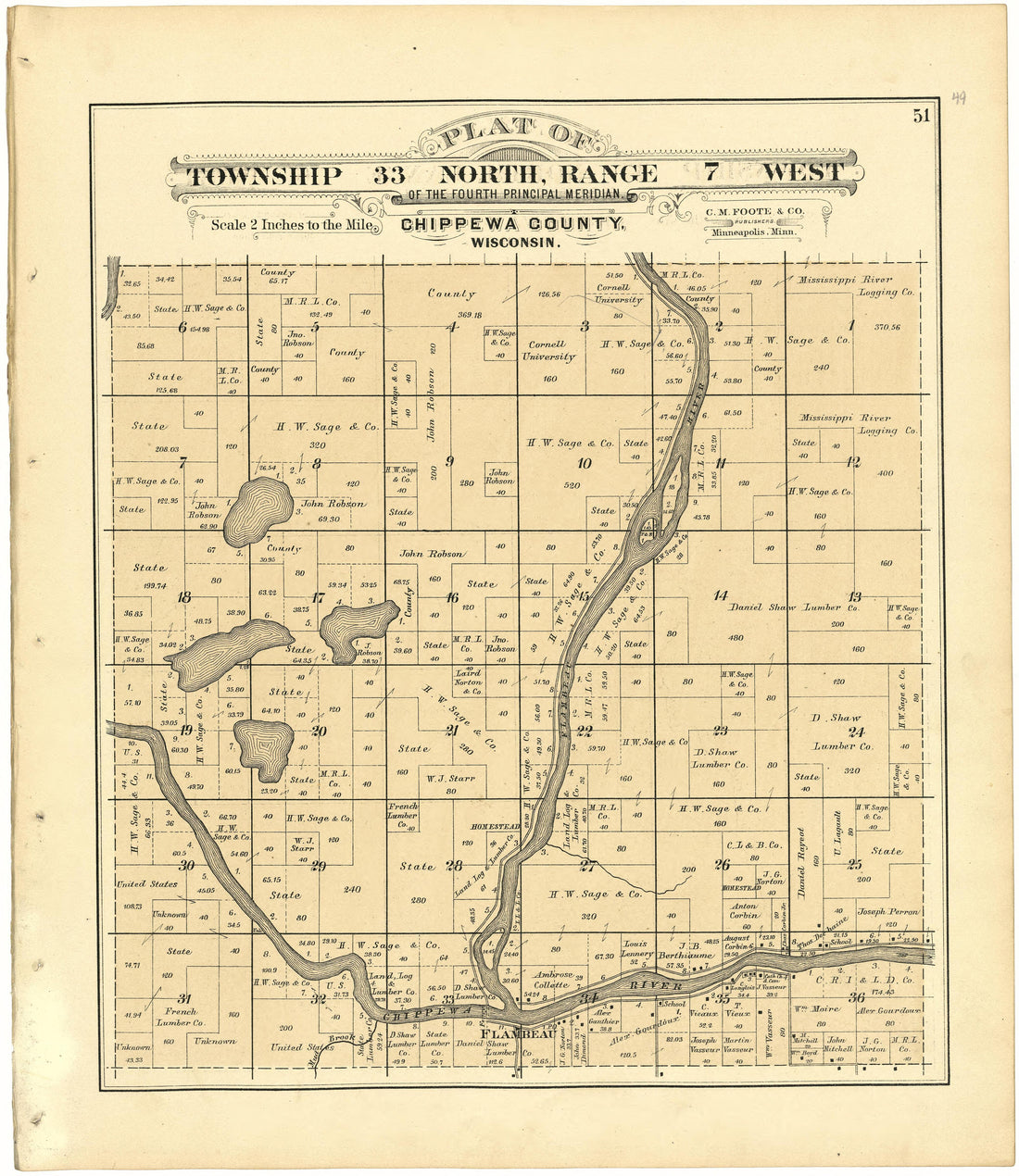 Plat of Township 33 North, Range 7 West from Plat Book of Chippewa County, Wisconsin 1888 by Relic Map Company