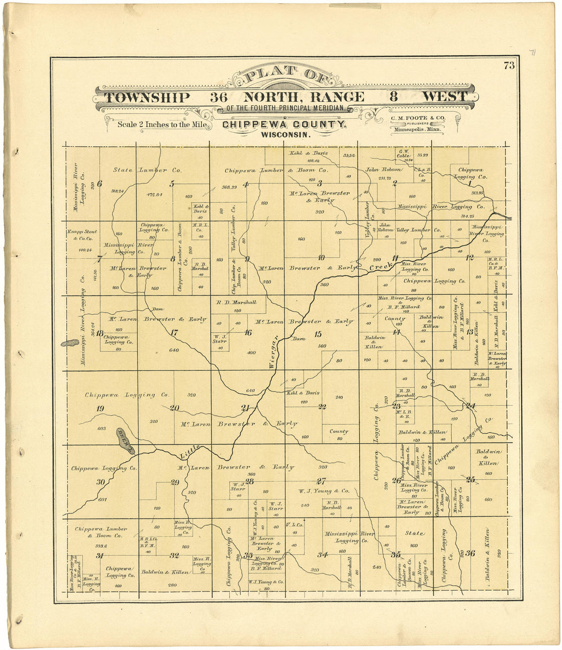 Plat of Township 36 North, Range 8 West from Plat Book of Chippewa County, Wisconsin 1888 by Relic Map Company
