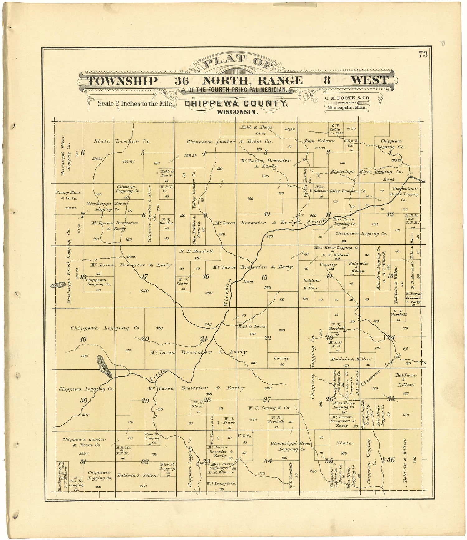 Plat of Township 36 North, Range 8 West from Plat Book of Chippewa County, Wisconsin 1888 by Relic Map Company