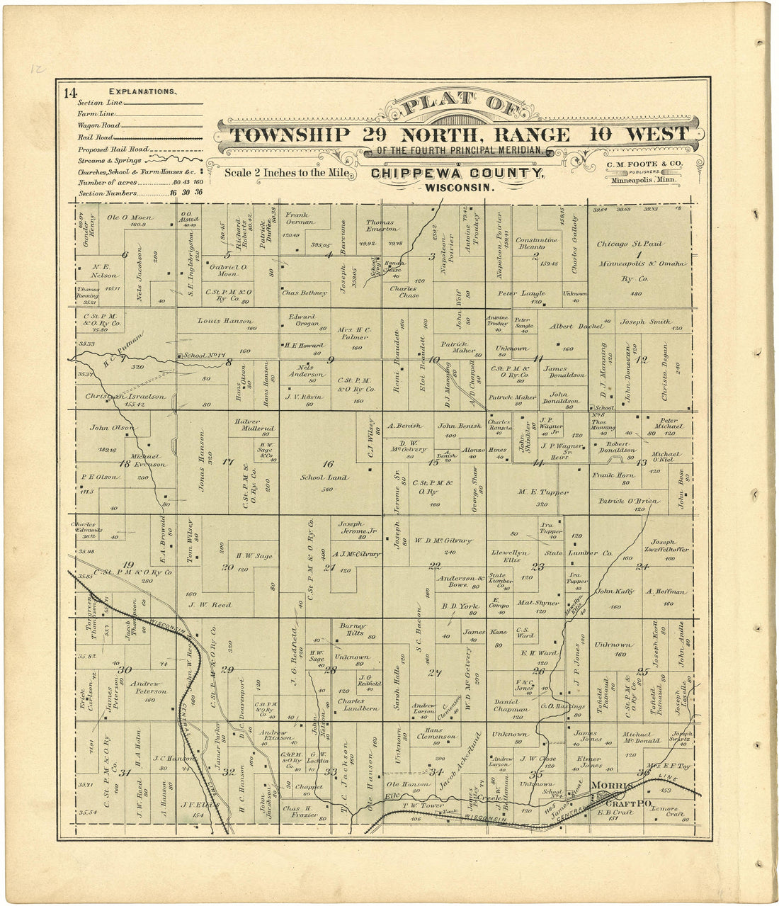 Plat of Township 29 North, Range 10 West from Plat Book of Chippewa County, Wisconsin 1888 by Relic Map Company