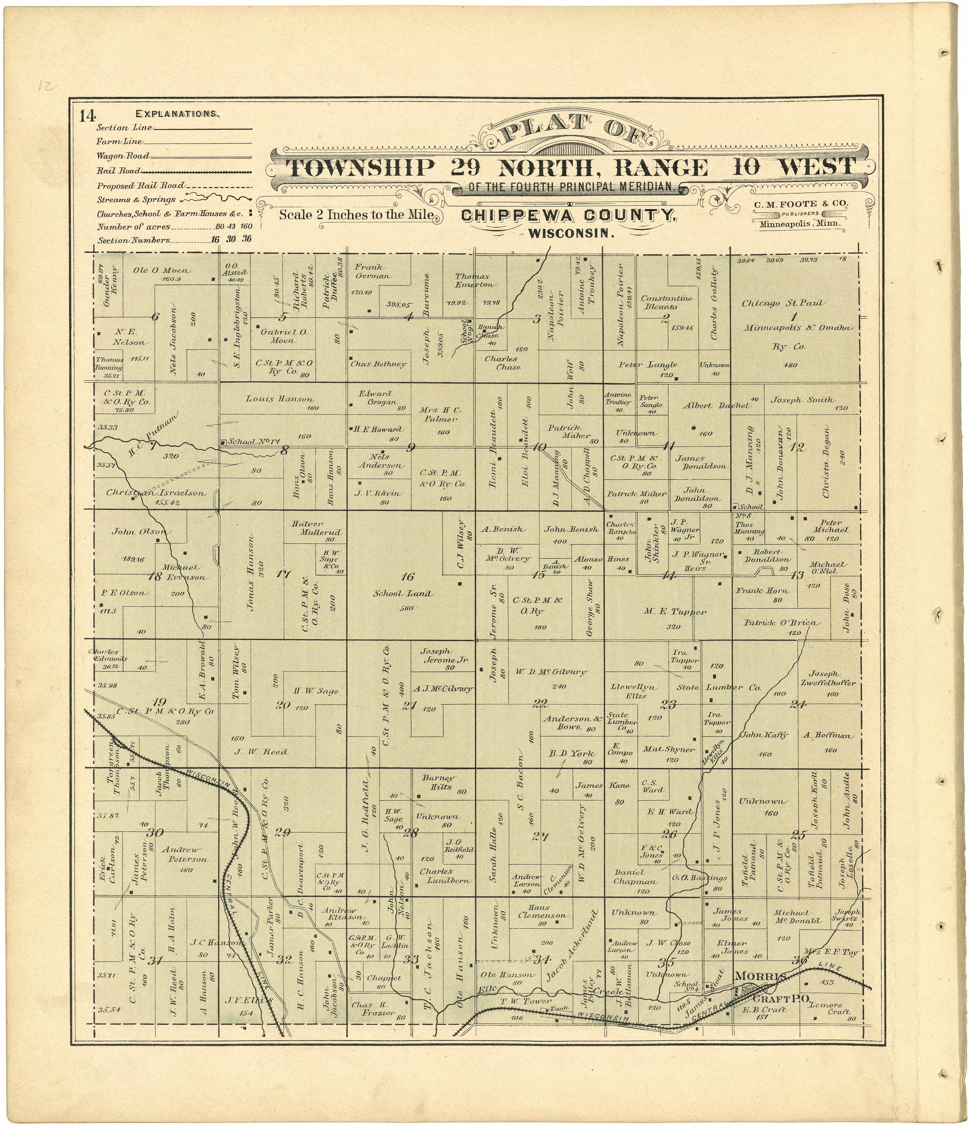 Plat of Township 29 North, Range 10 West from Plat Book of Chippewa County, Wisconsin 1888 by Relic Map Company