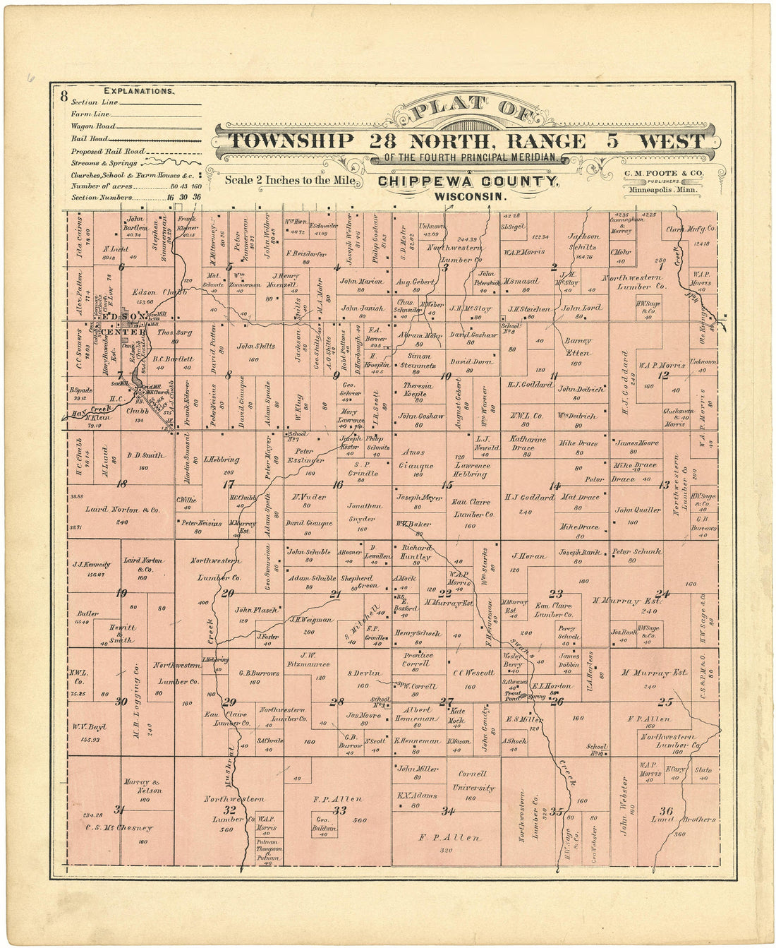 Plat of Township 28 North, Range 5 West from Plat Book of Chippewa County, Wisconsin 1888 by Relic Map Company
