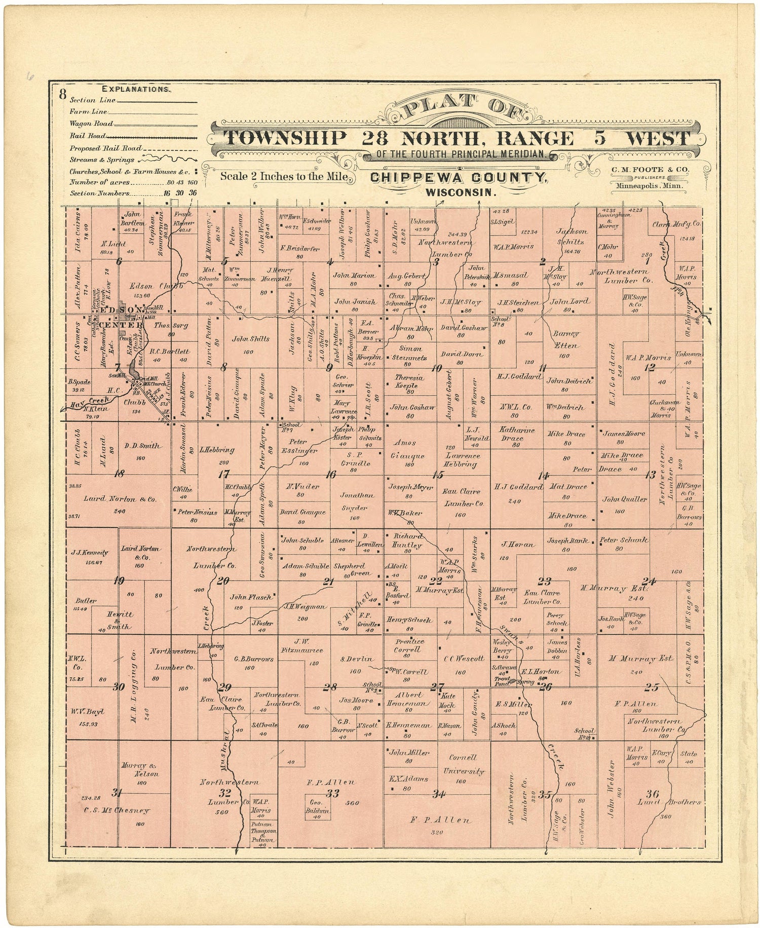 Plat of Township 28 North, Range 5 West from Plat Book of Chippewa County, Wisconsin 1888 by Relic Map Company