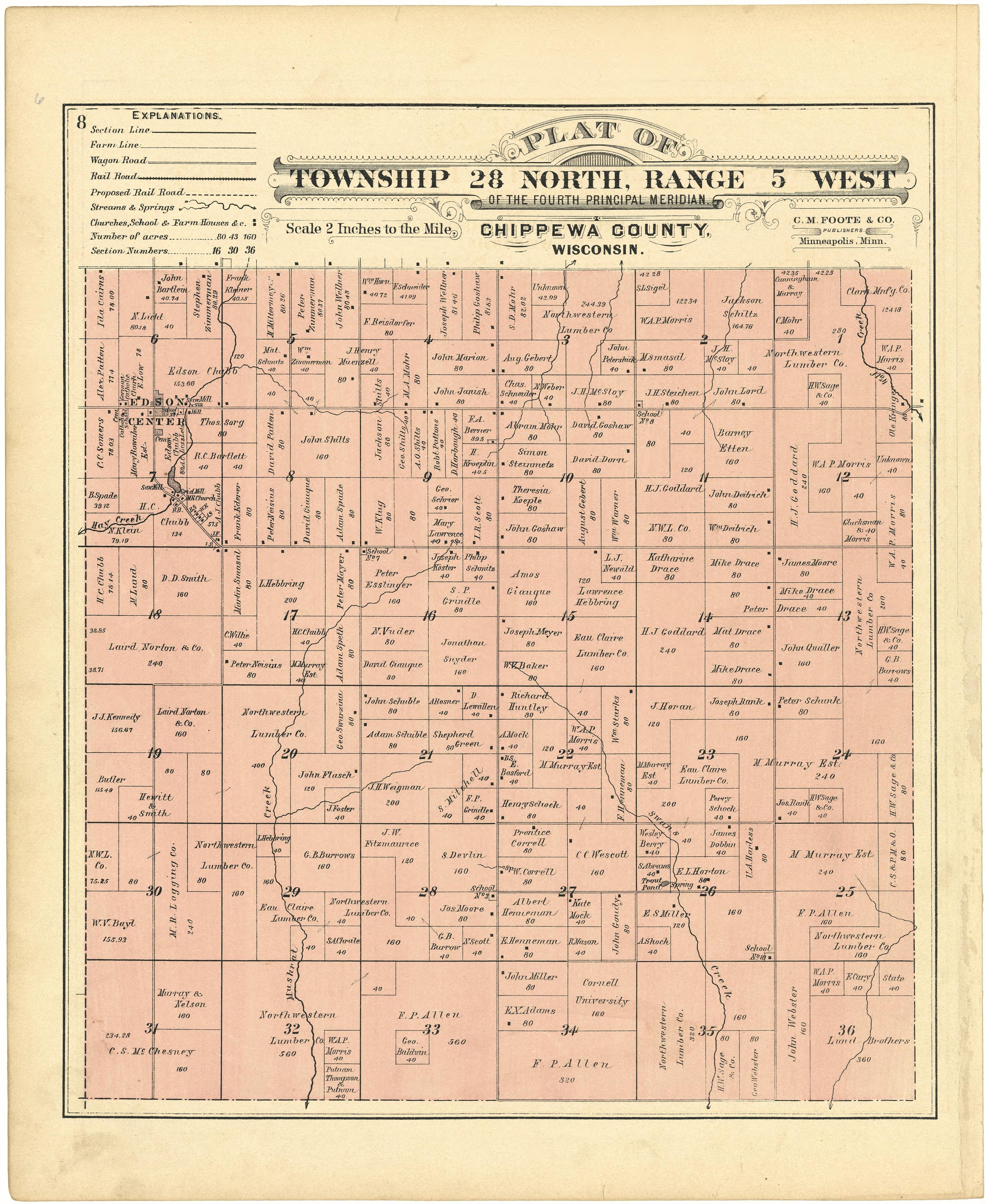 Plat of Township 28 North, Range 5 West from Plat Book of Chippewa County, Wisconsin 1888 by Relic Map Company
