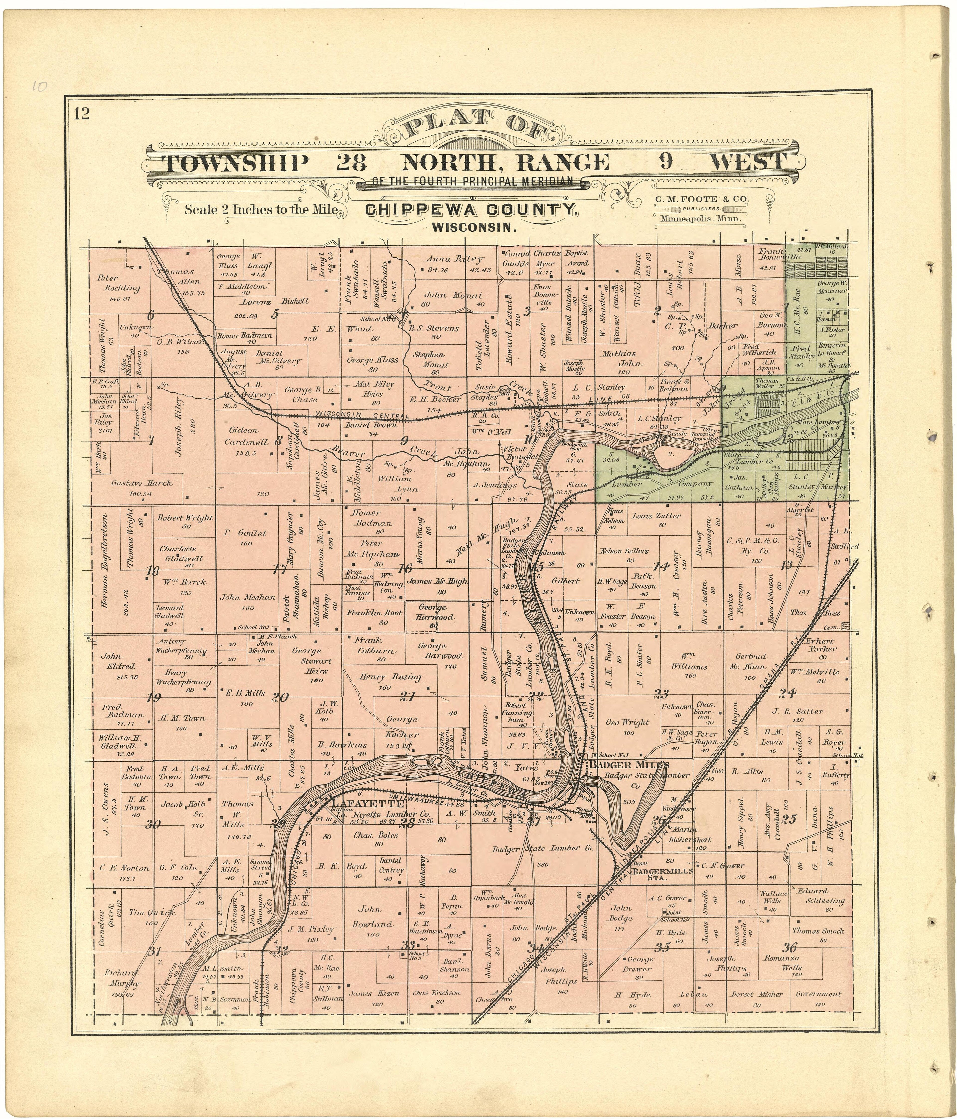 Plat of Township 28 North, Range 9 West from Plat Book of Chippewa County, Wisconsin 1888 by Relic Map Company