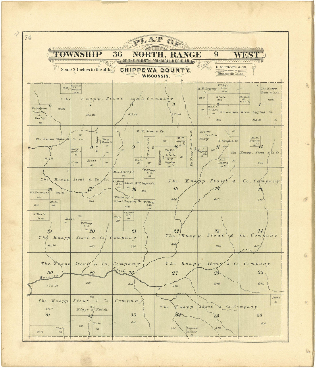 Plat of Township 36 North, Range 9 West from Plat Book of Chippewa County, Wisconsin 1888 by Relic Map Company