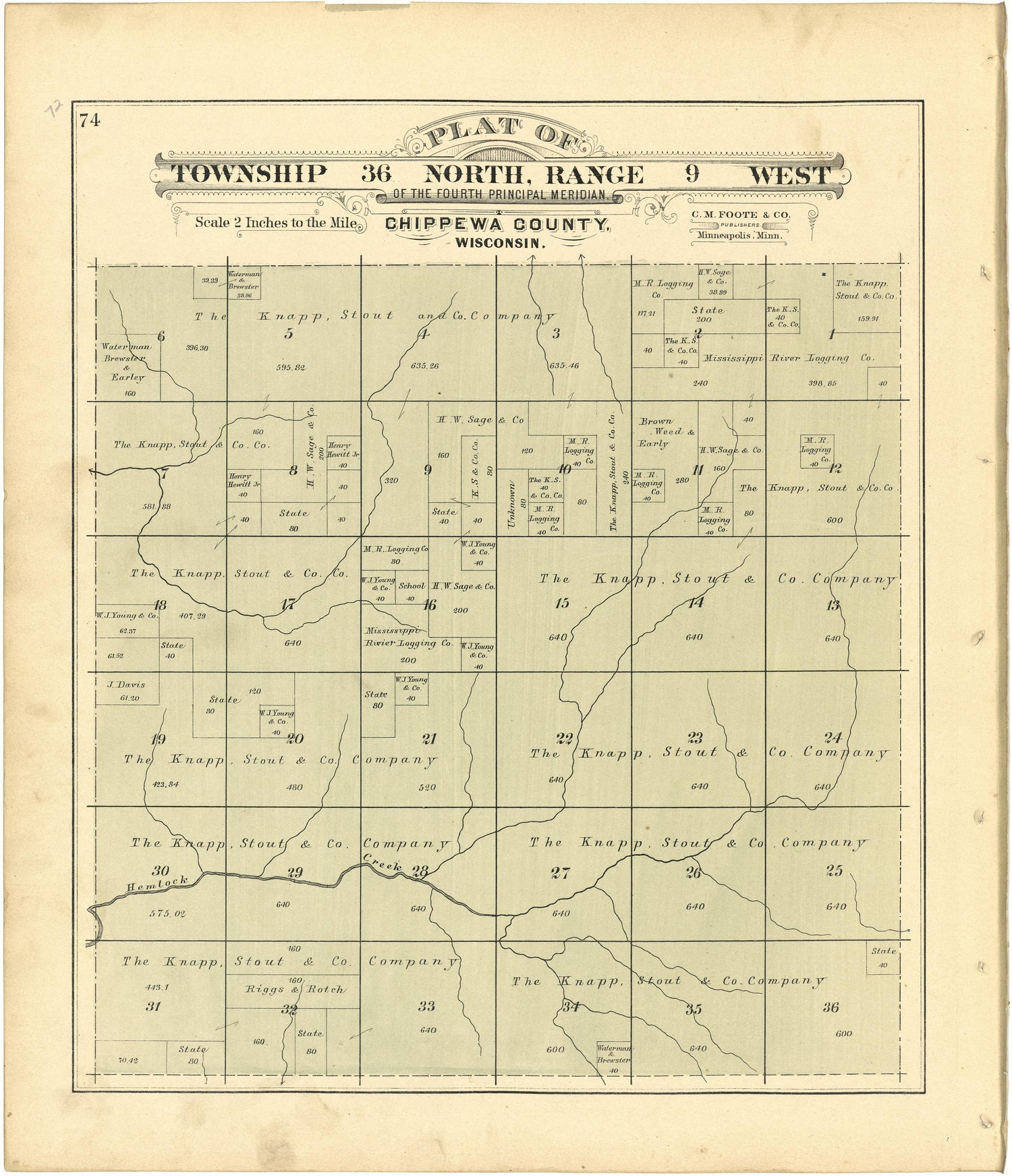 Plat of Township 36 North, Range 9 West from Plat Book of Chippewa County, Wisconsin 1888 by Relic Map Company