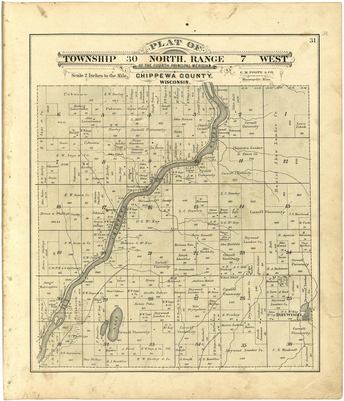 Plat of Township 30 North, Range 7 West from Plat Book of Chippewa County, Wisconsin 1888 by Relic Map Company