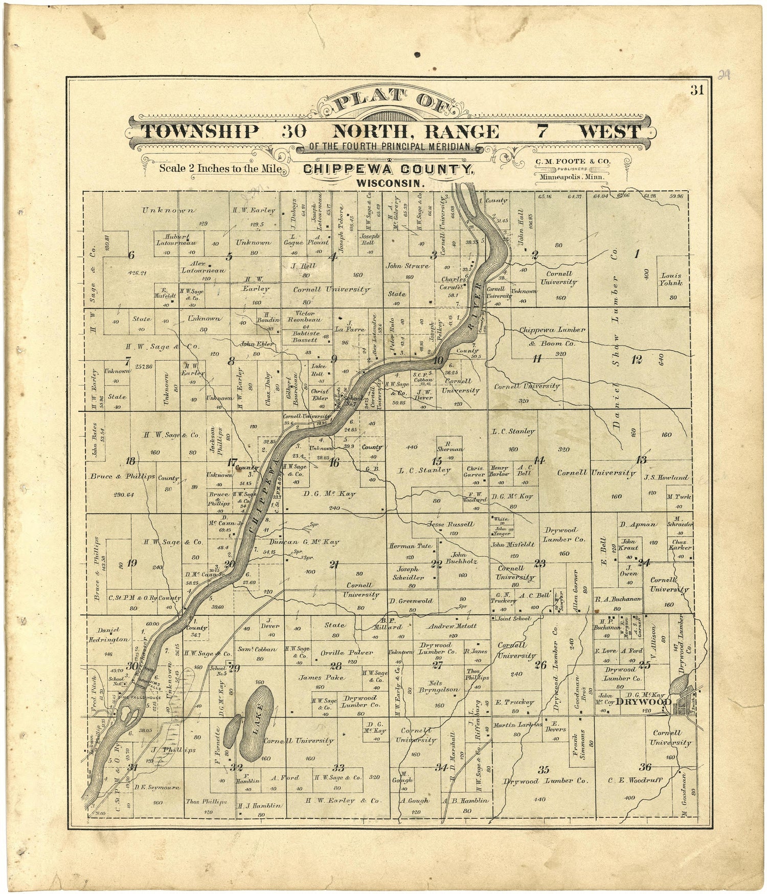 Plat of Township 30 North, Range 7 West from Plat Book of Chippewa County, Wisconsin 1888 by Relic Map Company
