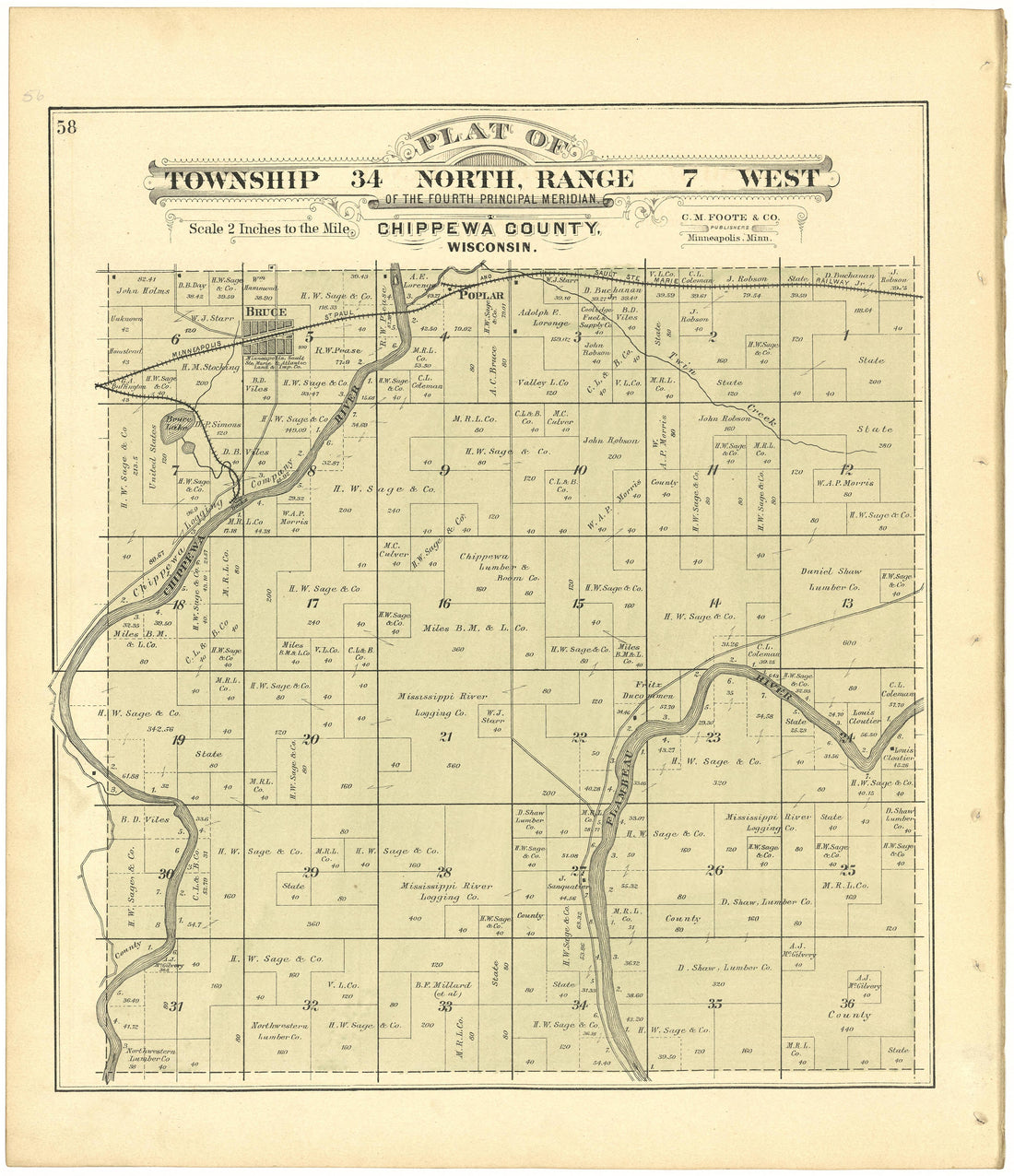 Plat of Township 34 North, Range 7 West from Plat Book of Chippewa County, Wisconsin 1888 by Relic Map Company