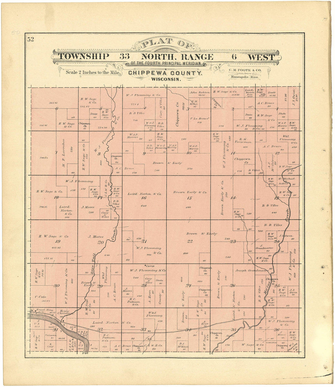 Plat of Township 33 North, Range 6 West from Plat Book of Chippewa County, Wisconsin 1888 by Relic Map Company