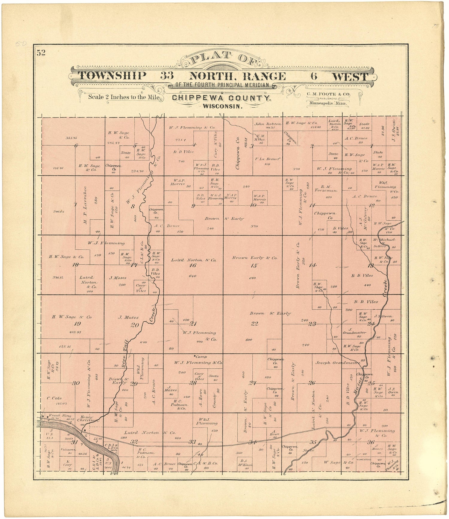 Plat of Township 33 North, Range 6 West from Plat Book of Chippewa County, Wisconsin 1888 by Relic Map Company