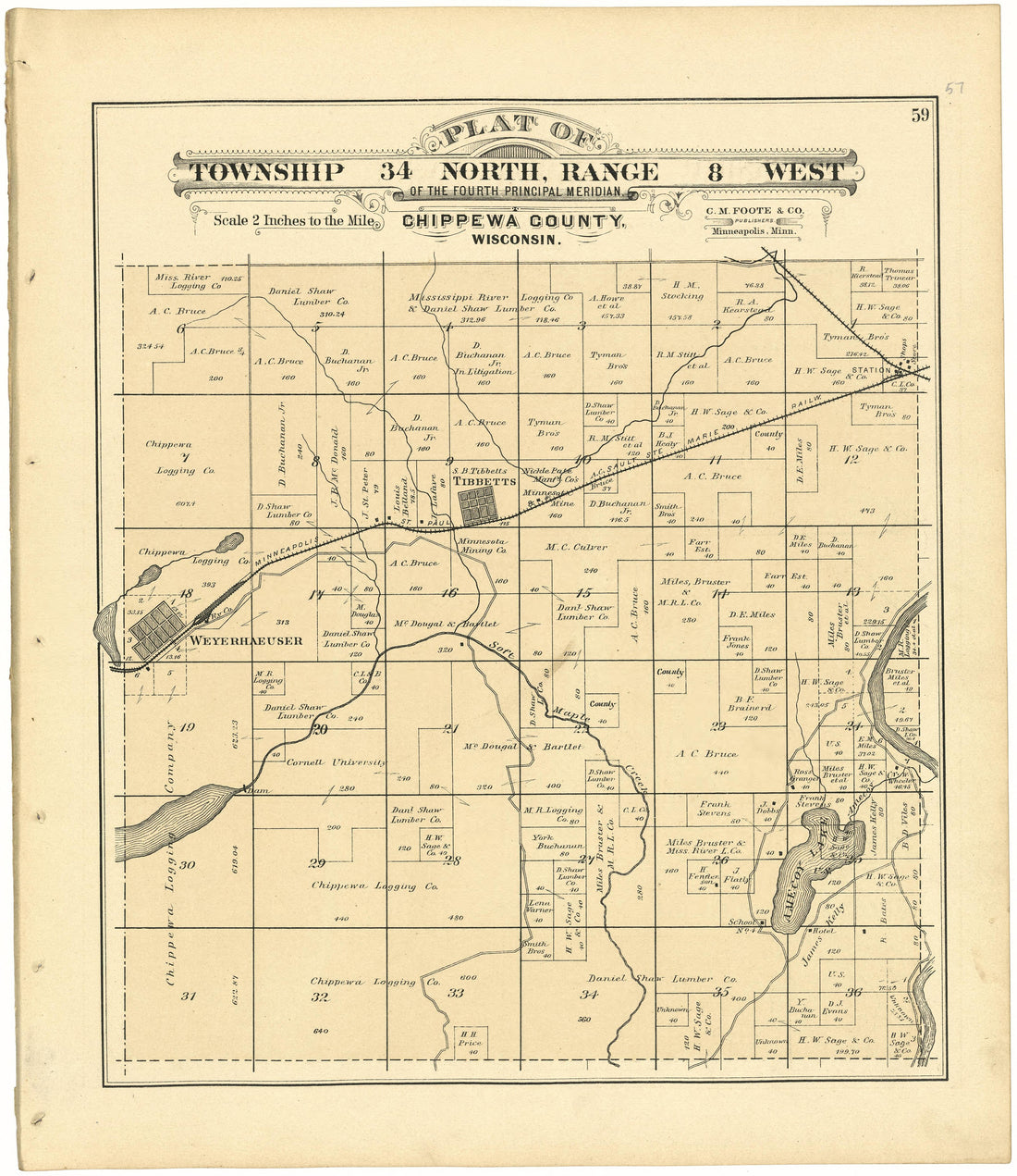 Plat of Township 34 North, Range 8 West from Plat Book of Chippewa County, Wisconsin 1888 by Relic Map Company