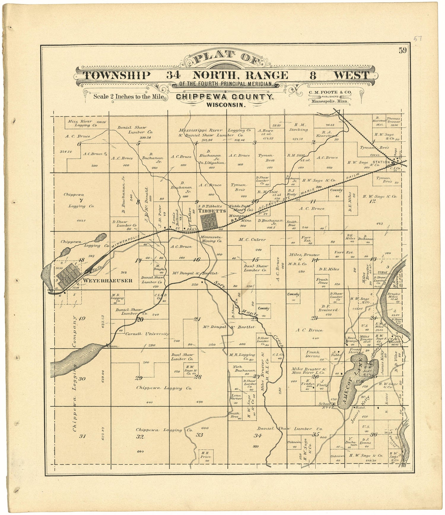 Plat of Township 34 North, Range 8 West from Plat Book of Chippewa County, Wisconsin 1888 by Relic Map Company