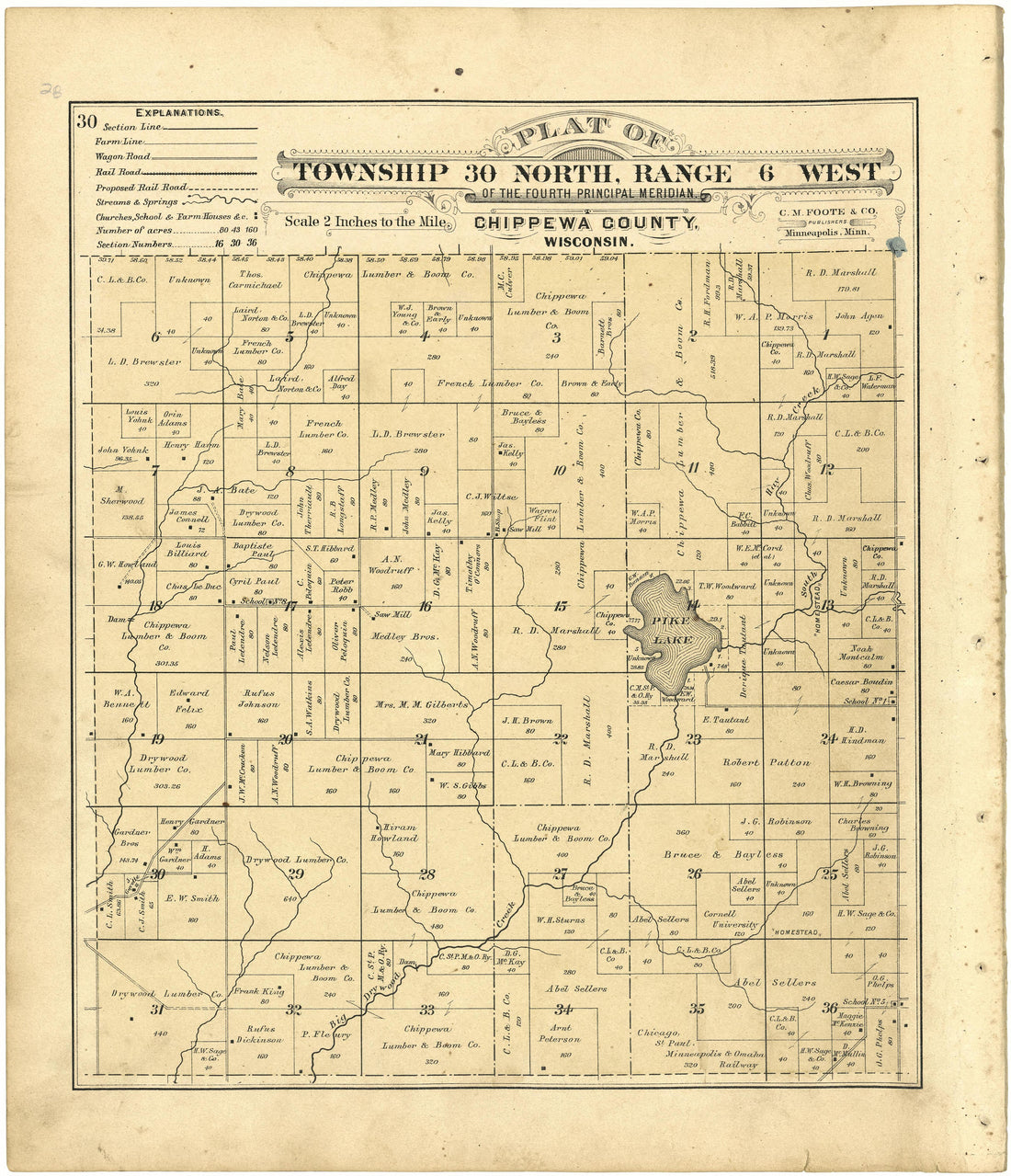 Plat of Township 30 North, Range 6 West from Plat Book of Chippewa County, Wisconsin 1888 by Relic Map Company
