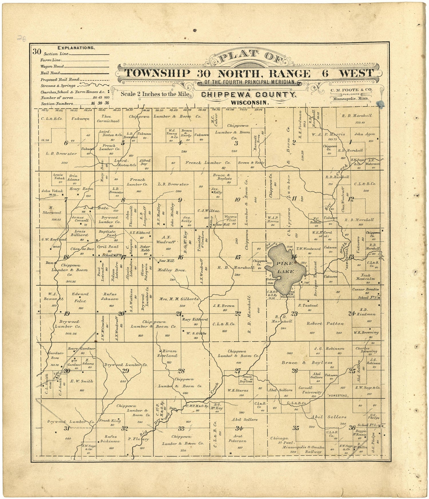 Plat of Township 30 North, Range 6 West from Plat Book of Chippewa County, Wisconsin 1888 by Relic Map Company