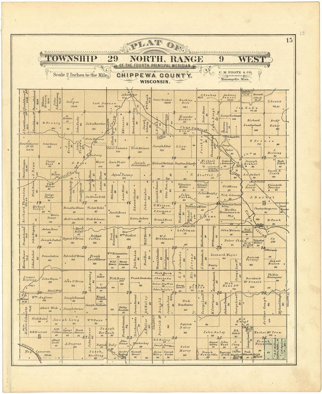 Plat of Township 29 North, Range 9 West from Plat Book of Chippewa County, Wisconsin 1888 by Relic Map Company