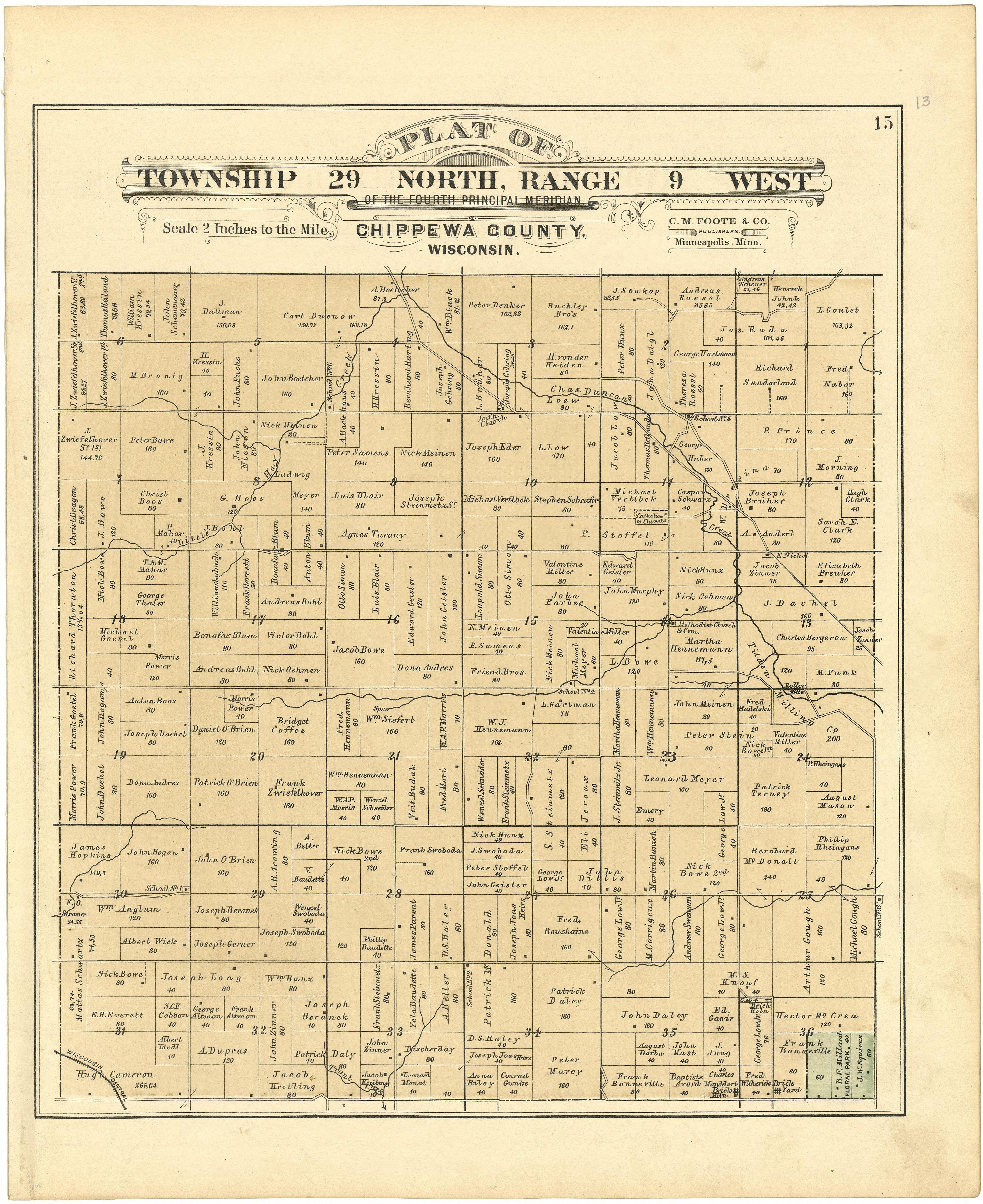 Plat of Township 29 North, Range 9 West from Plat Book of Chippewa County, Wisconsin 1888 by Relic Map Company