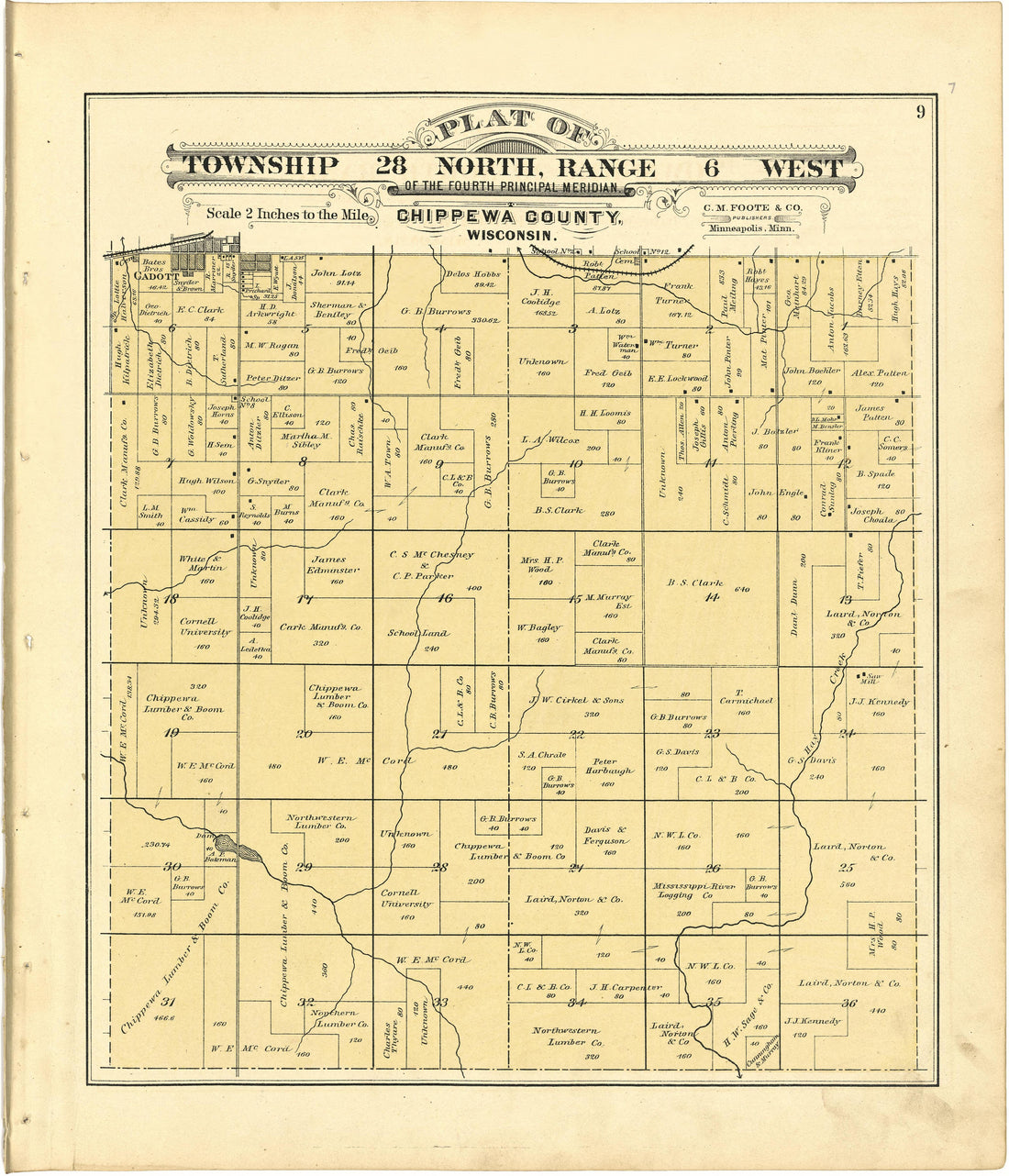 Plat of Township 28 North, Range 6 West from Plat Book of Chippewa County, Wisconsin 1888 by Relic Map Company