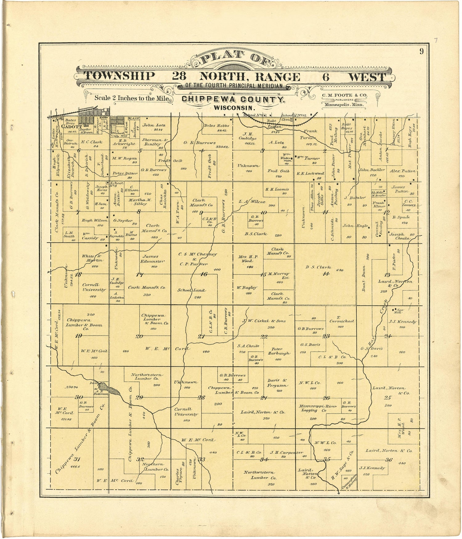 Plat of Township 28 North, Range 6 West from Plat Book of Chippewa County, Wisconsin 1888 by Relic Map Company