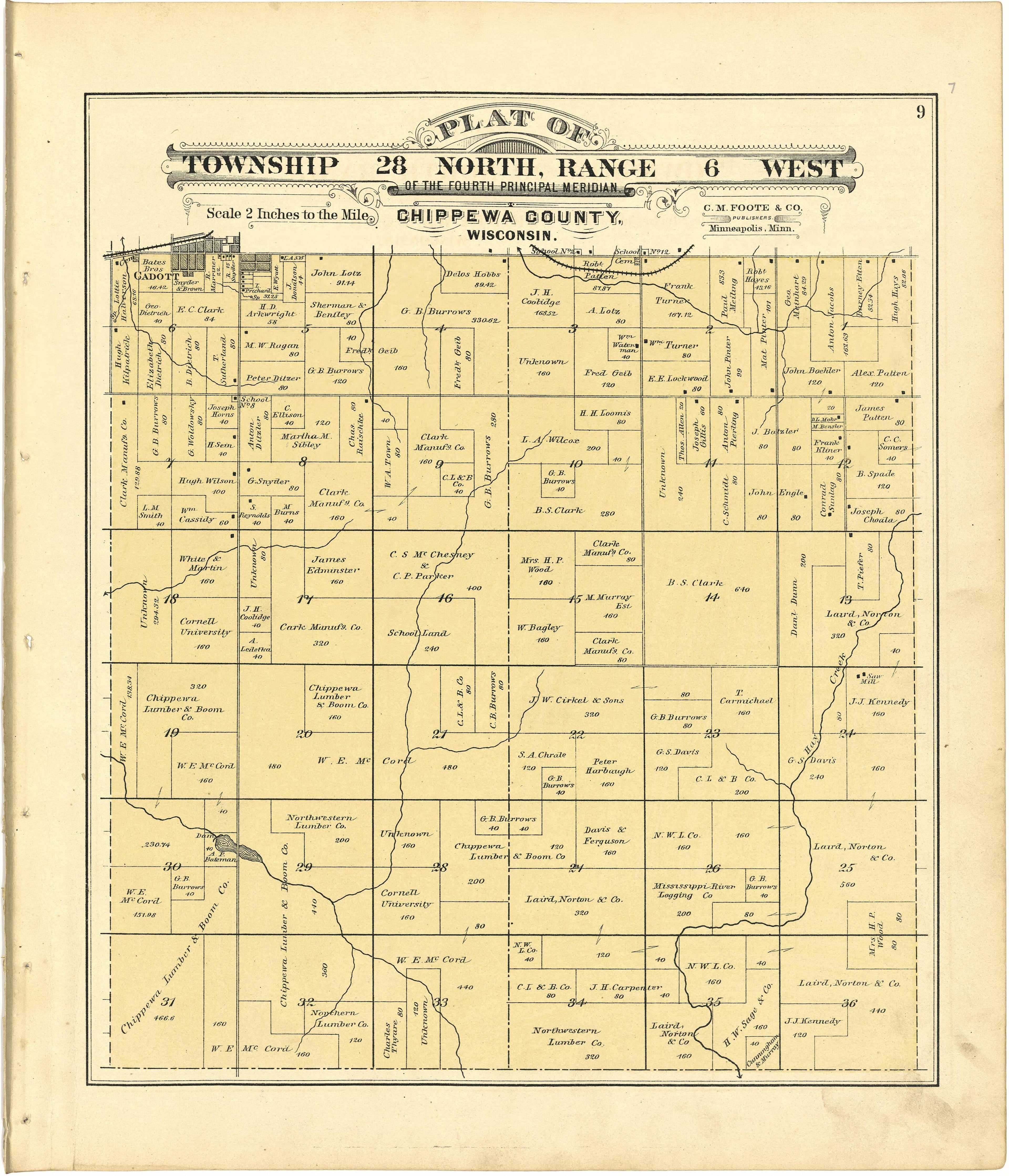 Plat of Township 28 North, Range 6 West from Plat Book of Chippewa County, Wisconsin 1888 by Relic Map Company