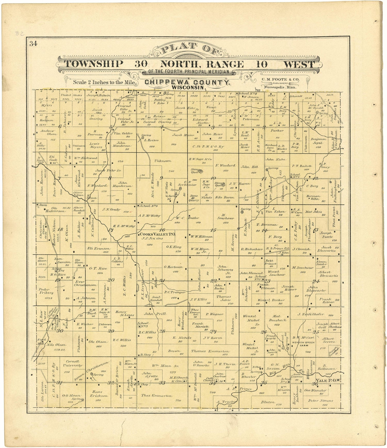 Plat of Township 30 North, Range 10 West from Plat Book of Chippewa County, Wisconsin 1888 by Relic Map Company