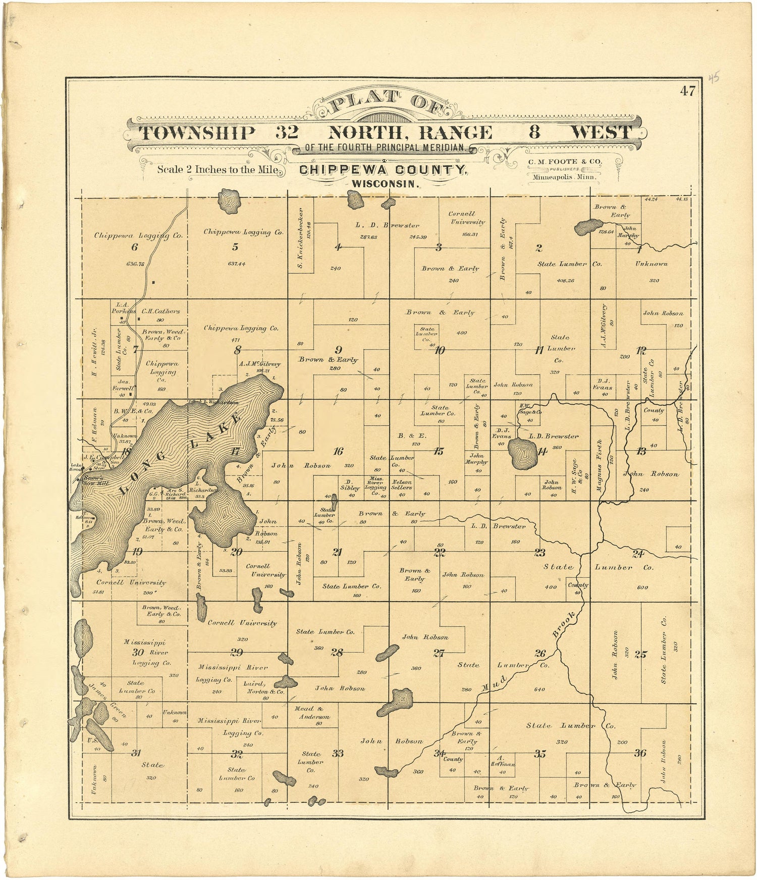 Plat of Township 32 North, Range 8 West from Plat Book of Chippewa County, Wisconsin 1888 by Relic Map Company