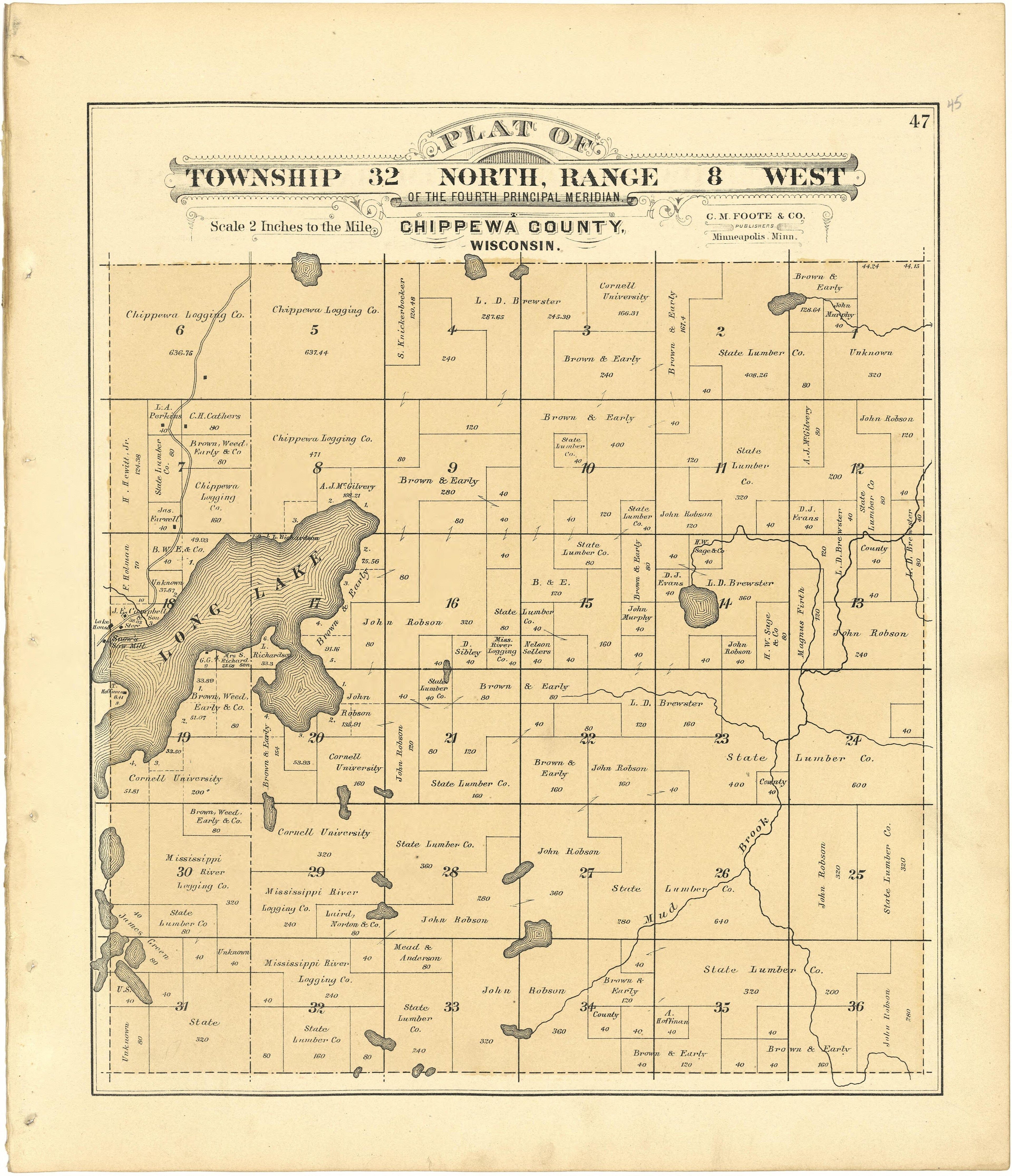 Plat of Township 32 North, Range 8 West from Plat Book of Chippewa County, Wisconsin 1888 by Relic Map Company