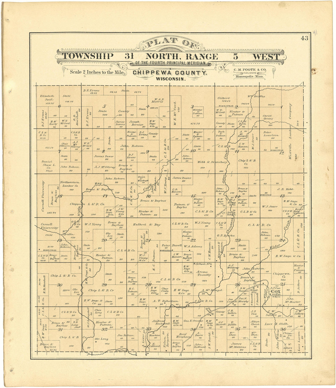 Plat of Township 31 North, Range 5 West from Plat Book of Chippewa County, Wisconsin 1888 by Relic Map Company