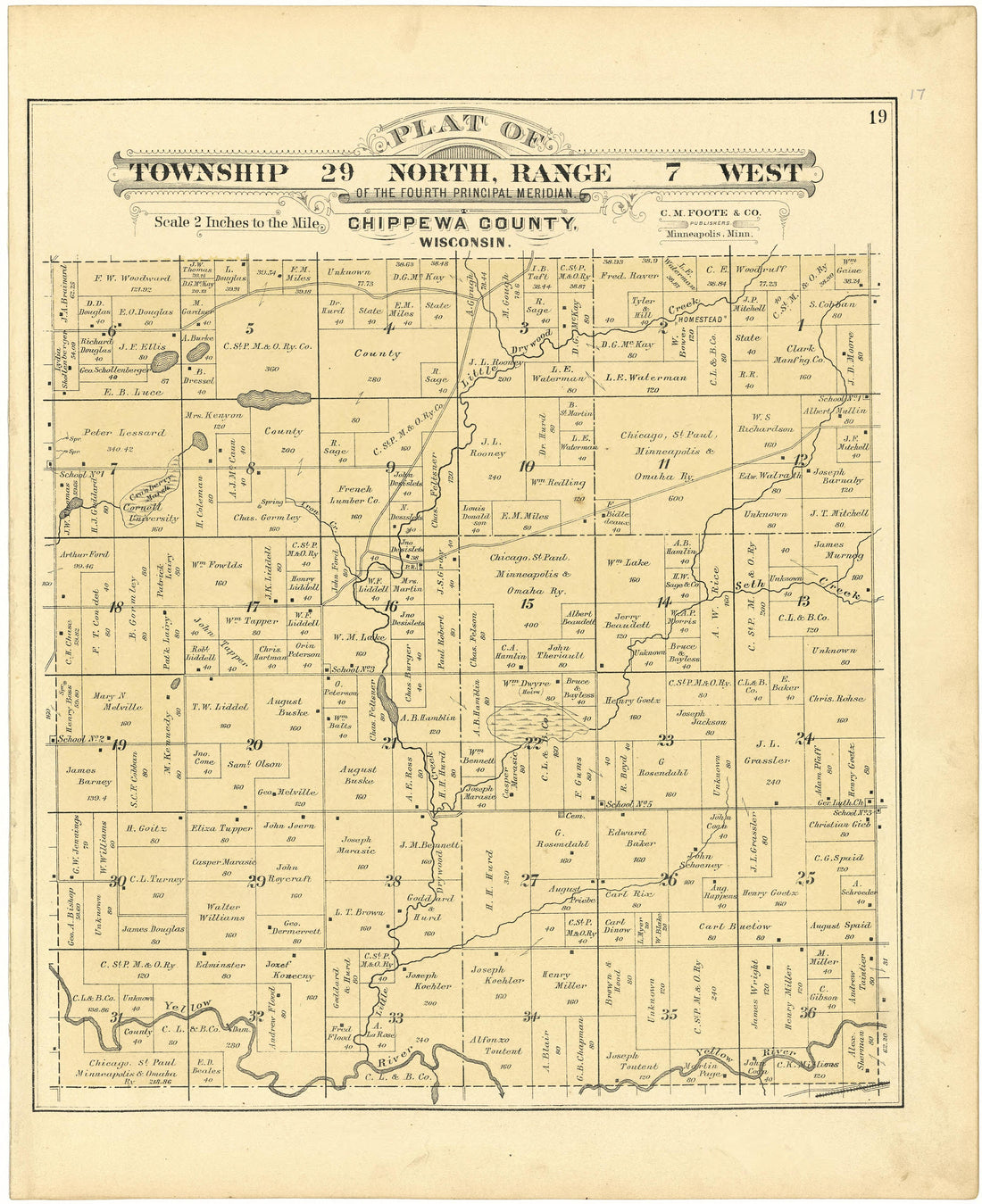 Plat of Township 29 North, Range 7 West from Plat Book of Chippewa County, Wisconsin 1888 by Relic Map Company
