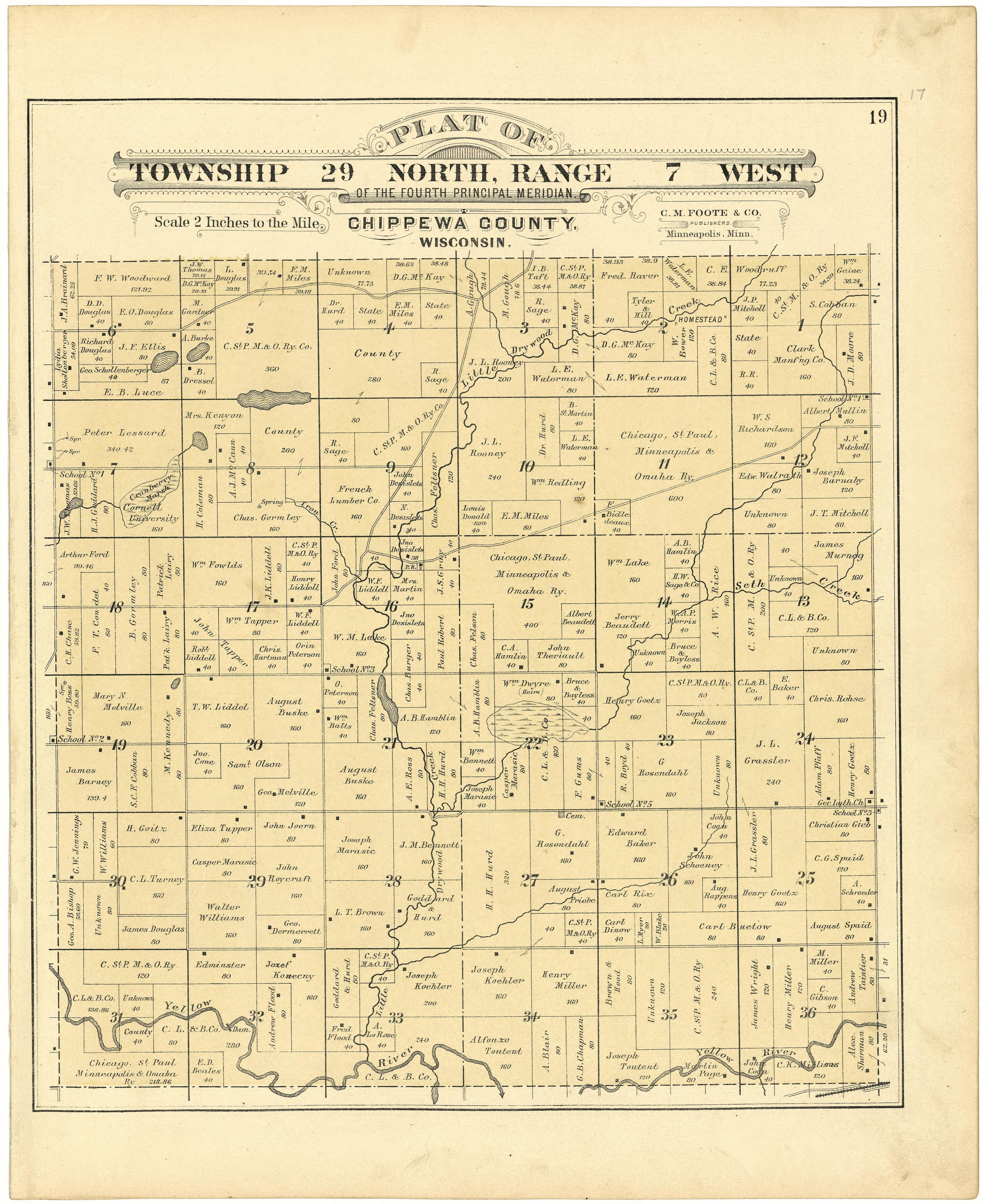 Plat of Township 29 North, Range 7 West from Plat Book of Chippewa County, Wisconsin 1888 by Relic Map Company