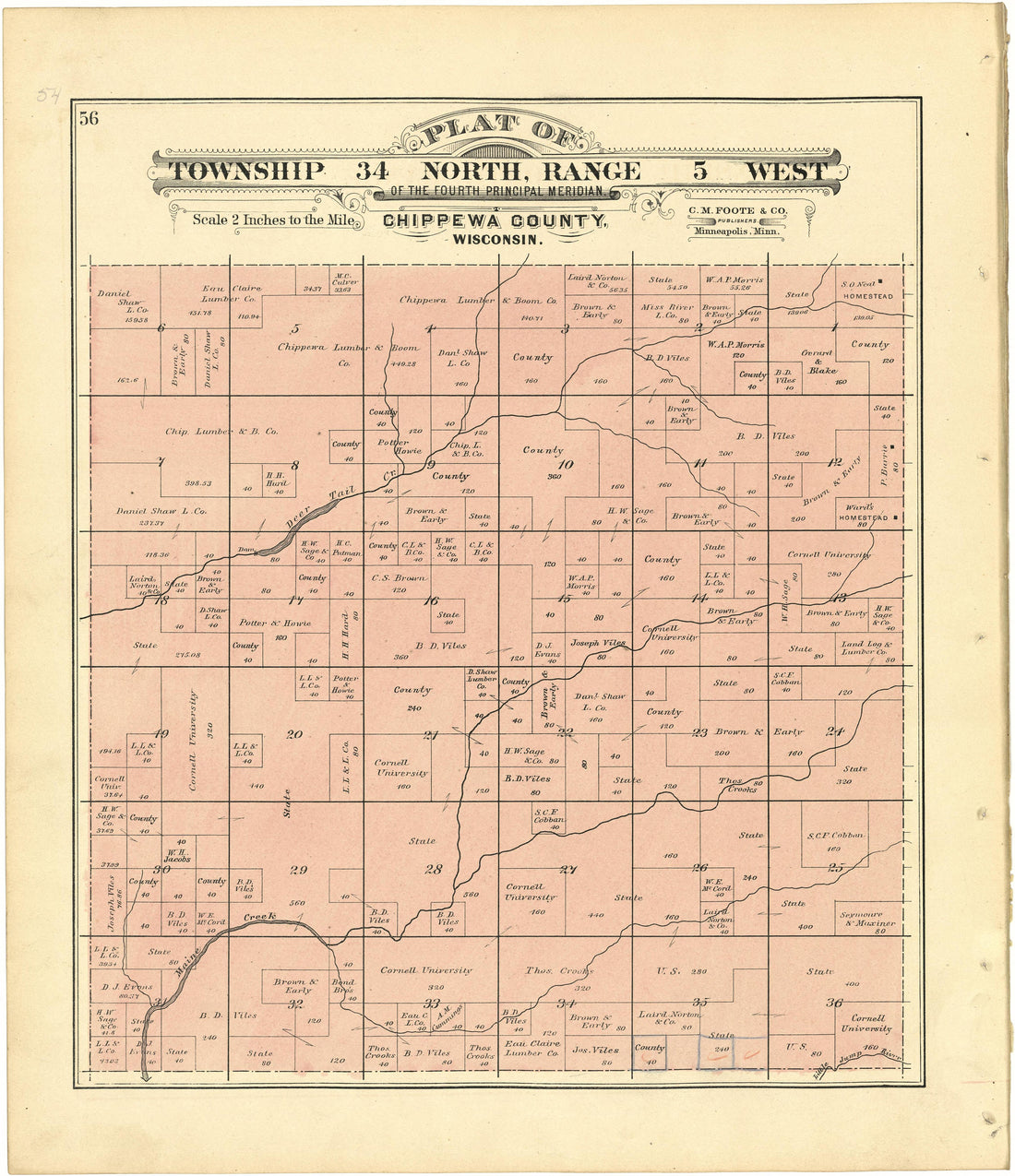 Plat of Township 34 North, Range 5 West from Plat Book of Chippewa County, Wisconsin 1888 by Relic Map Company